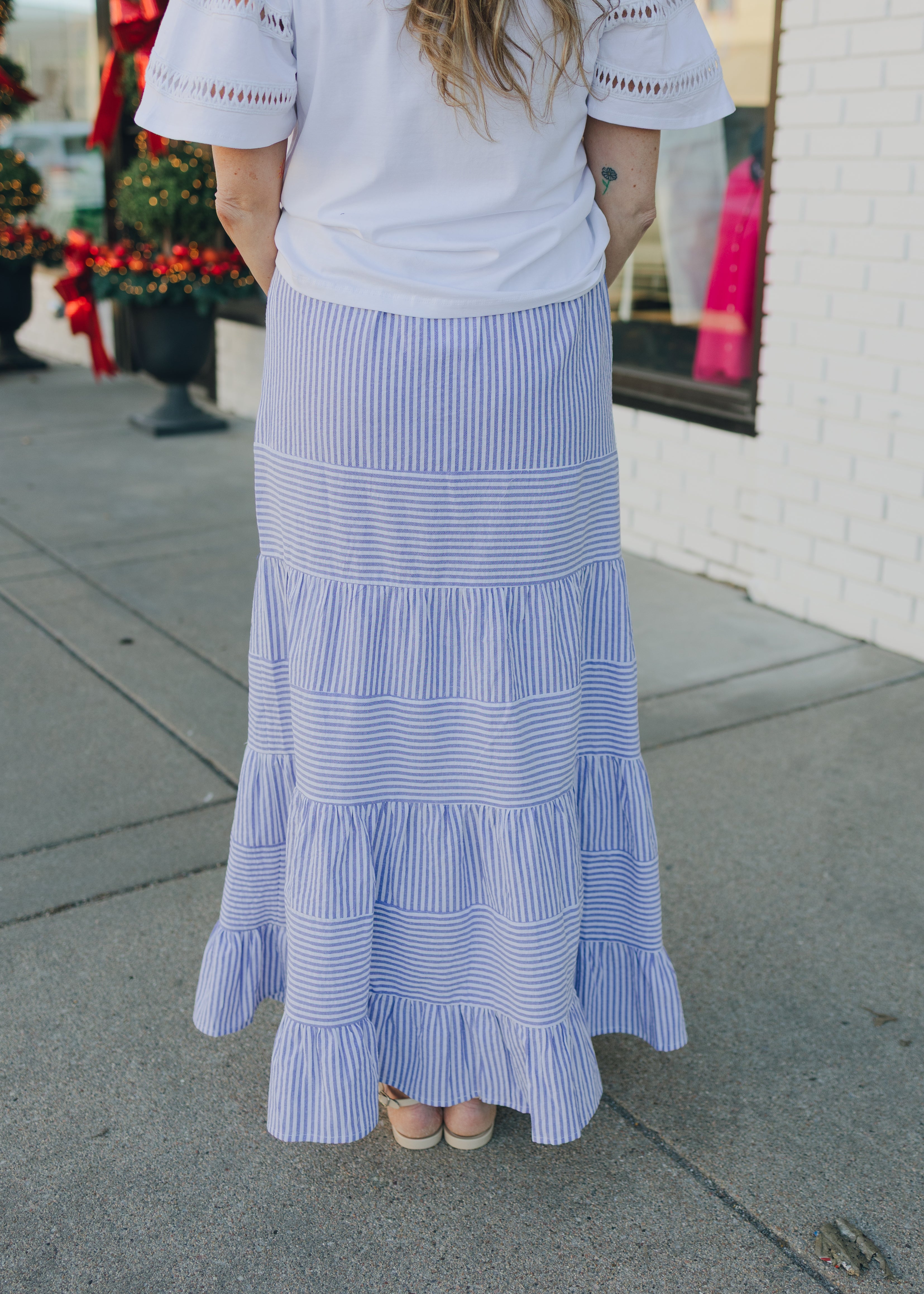 Tiered Pinstriped Elastic Waist Linen Maxi Skirt