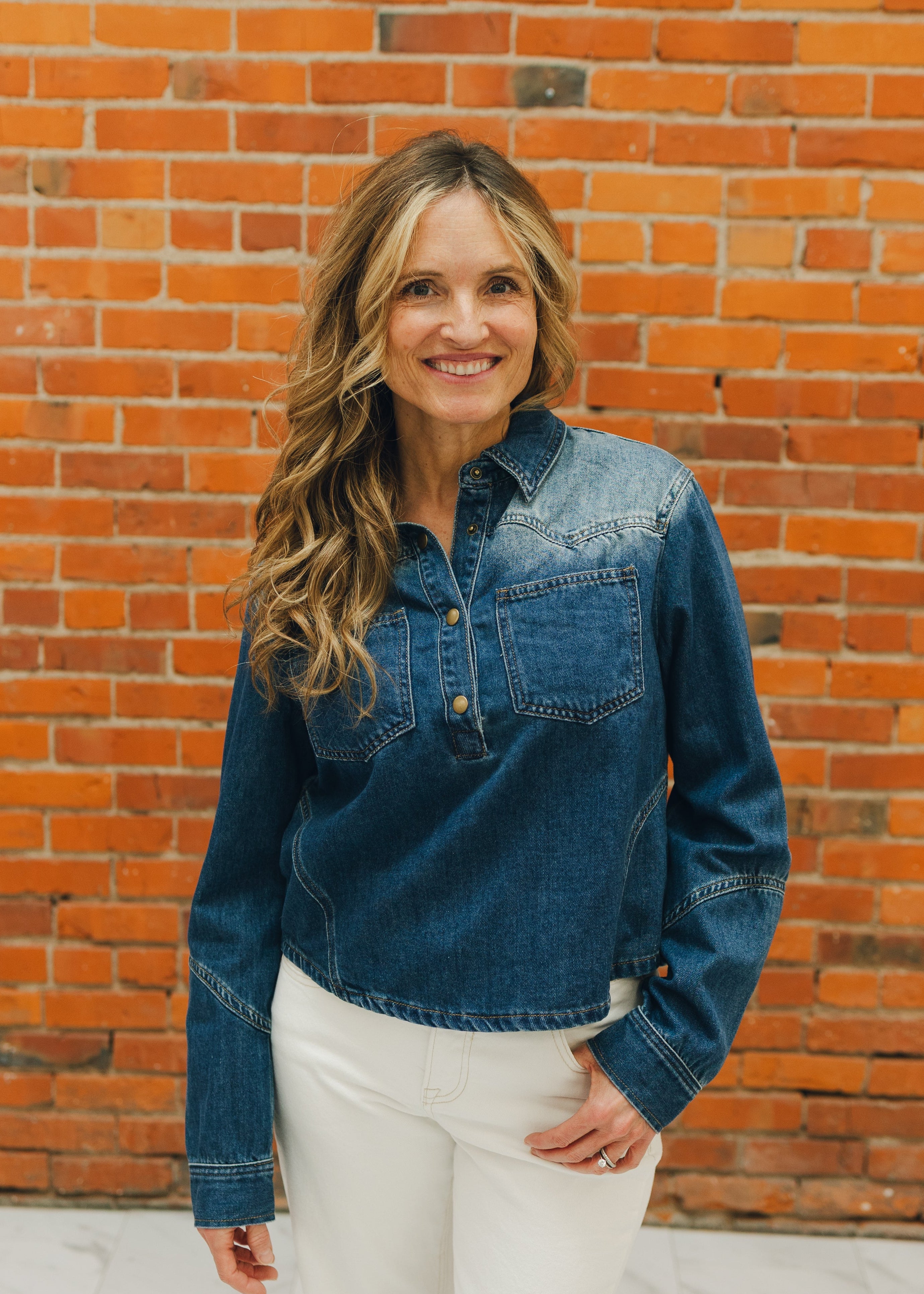 Denim Front Pocket Collared Top