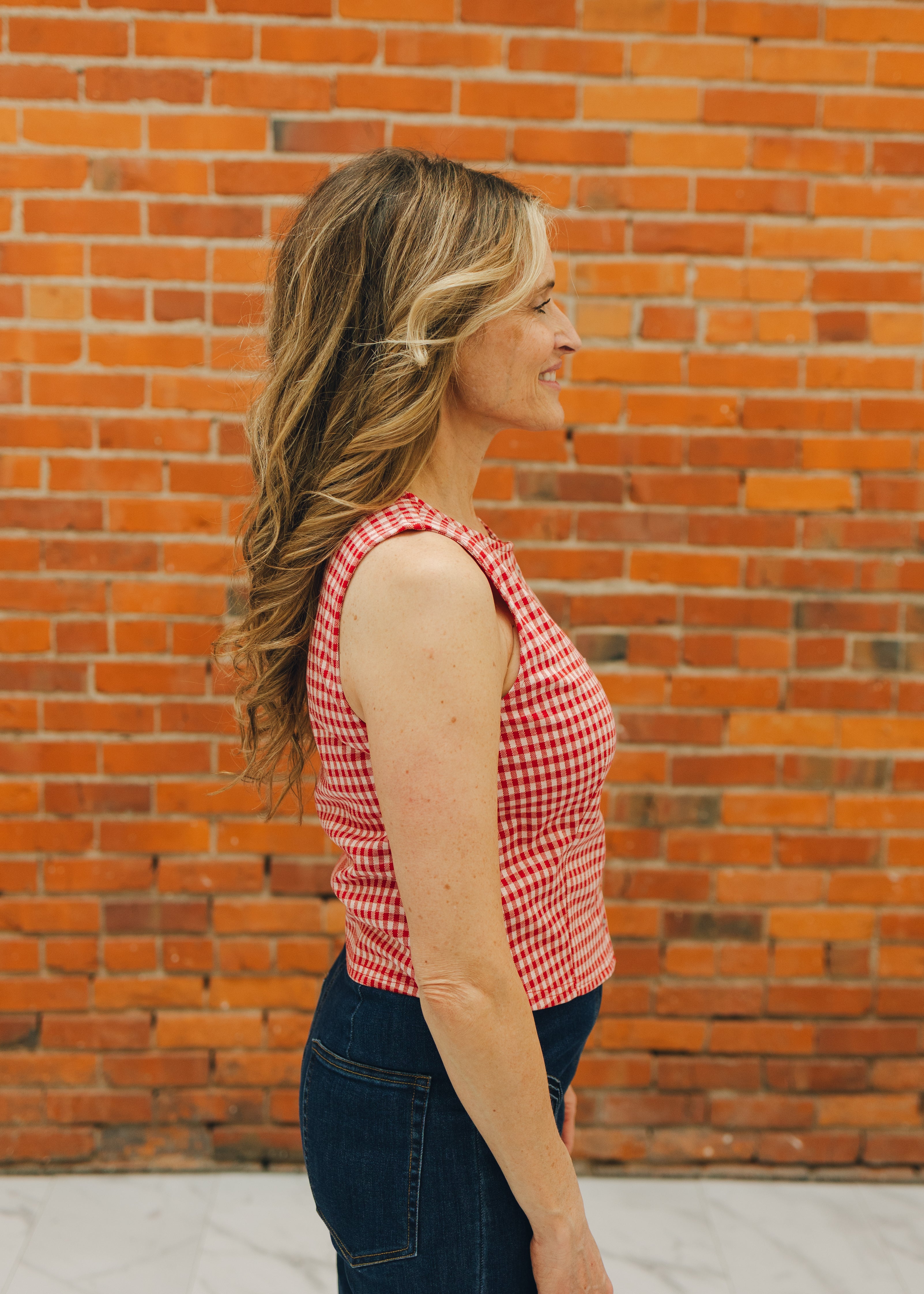 Button Down Gingham Sleeveless Top