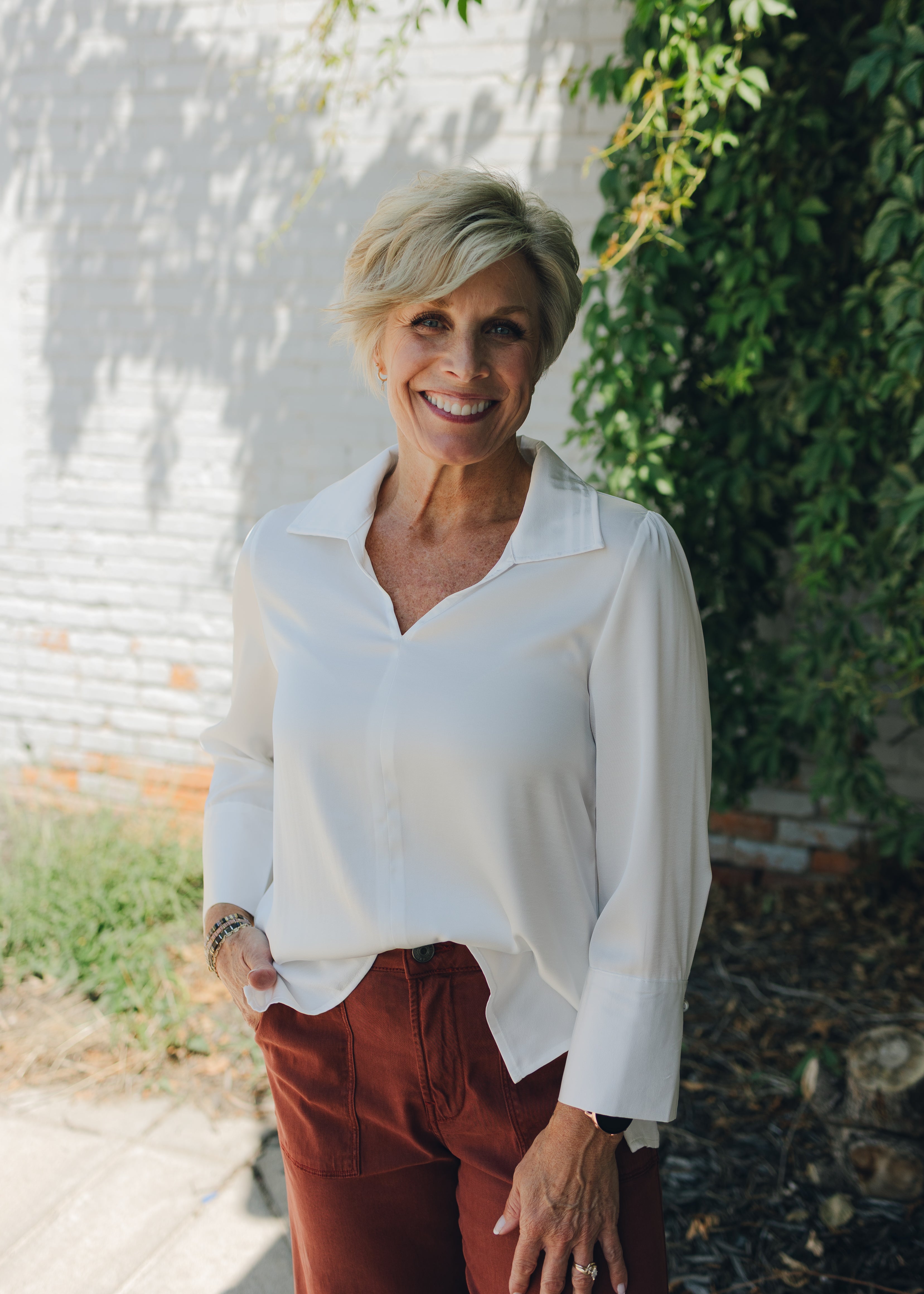 Pearl Cuff Button Accent Satin Top - Off White