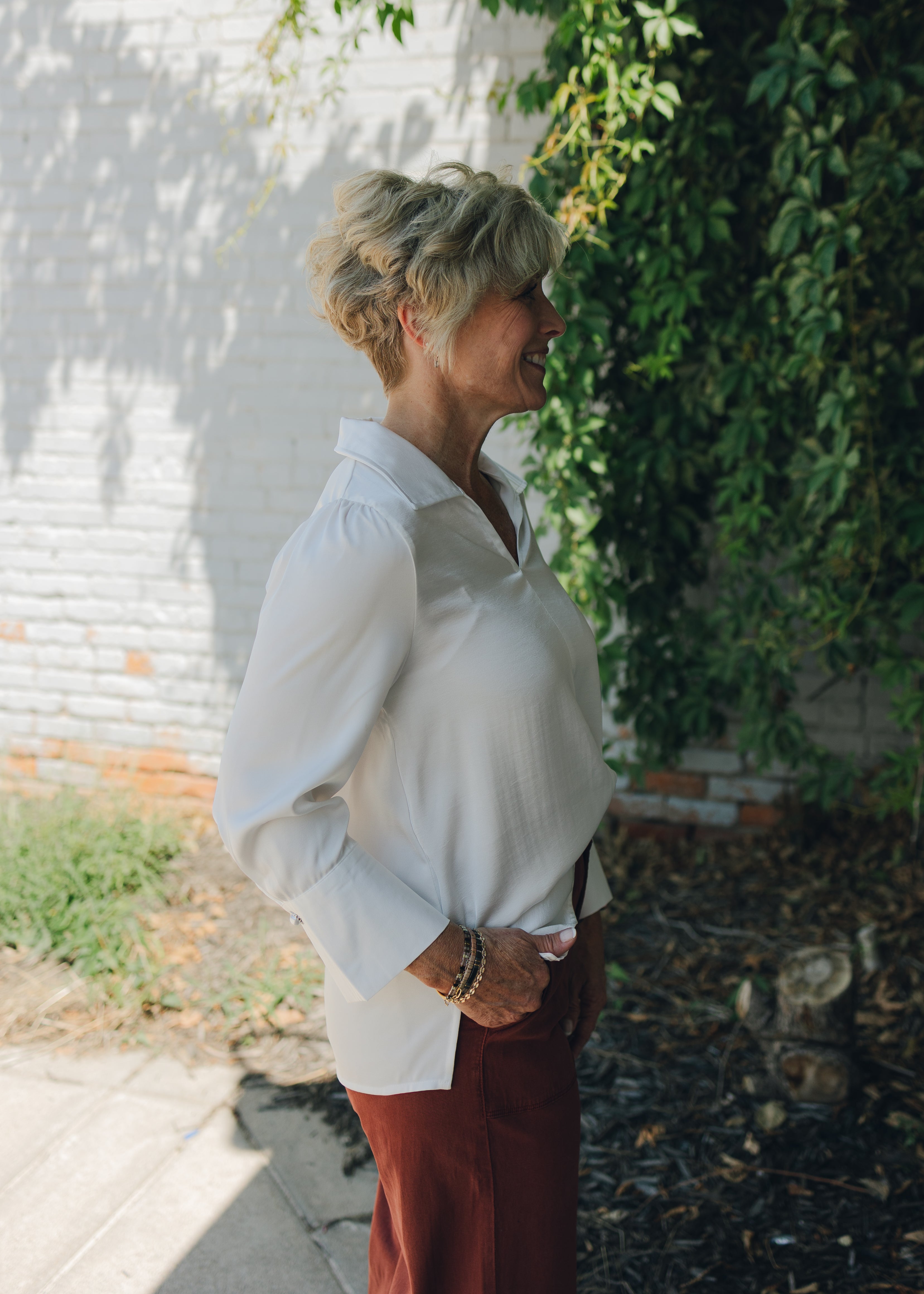 Pearl Cuff Button Accent Satin Top - Off White