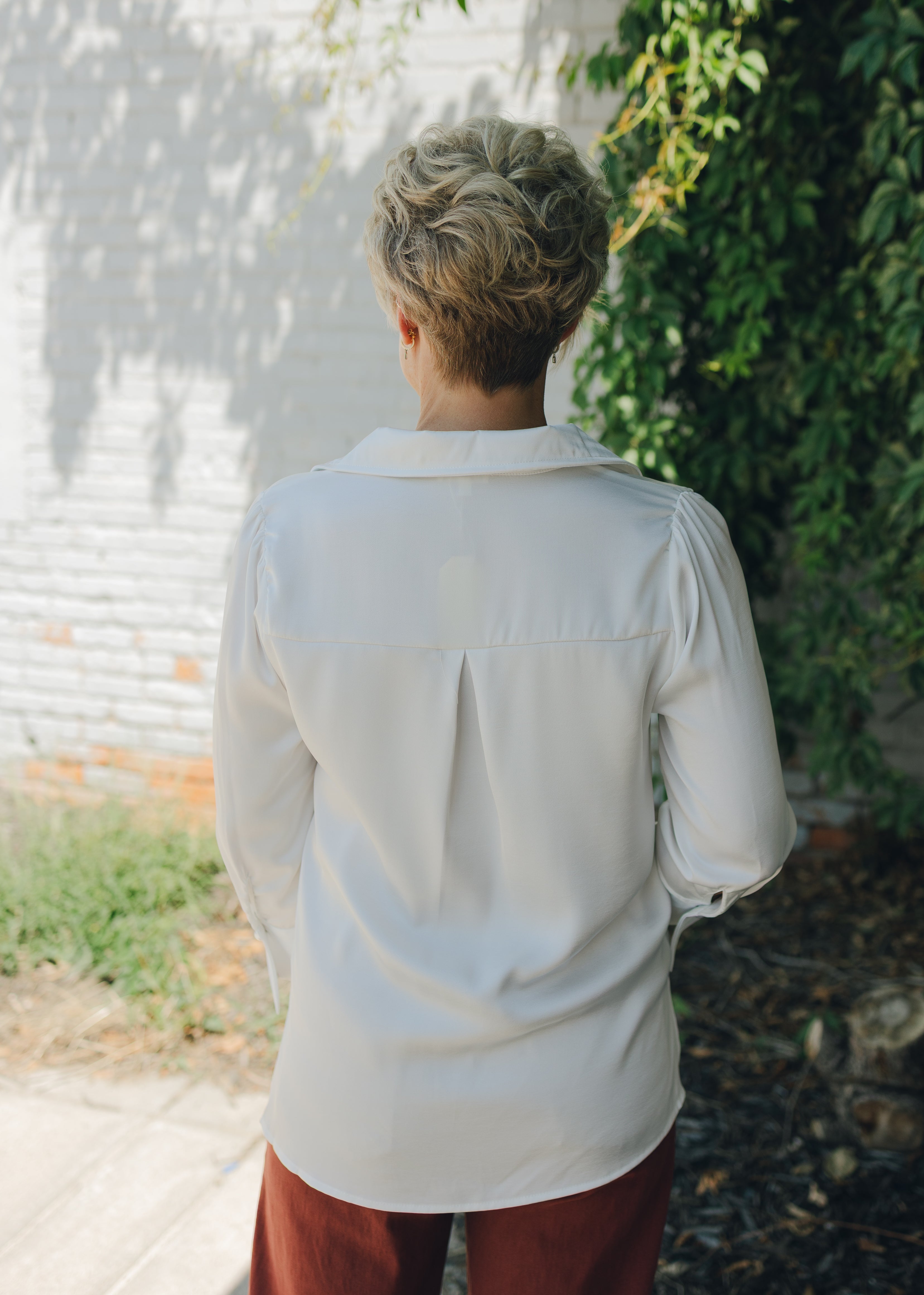 Pearl Cuff Button Accent Satin Top - Off White