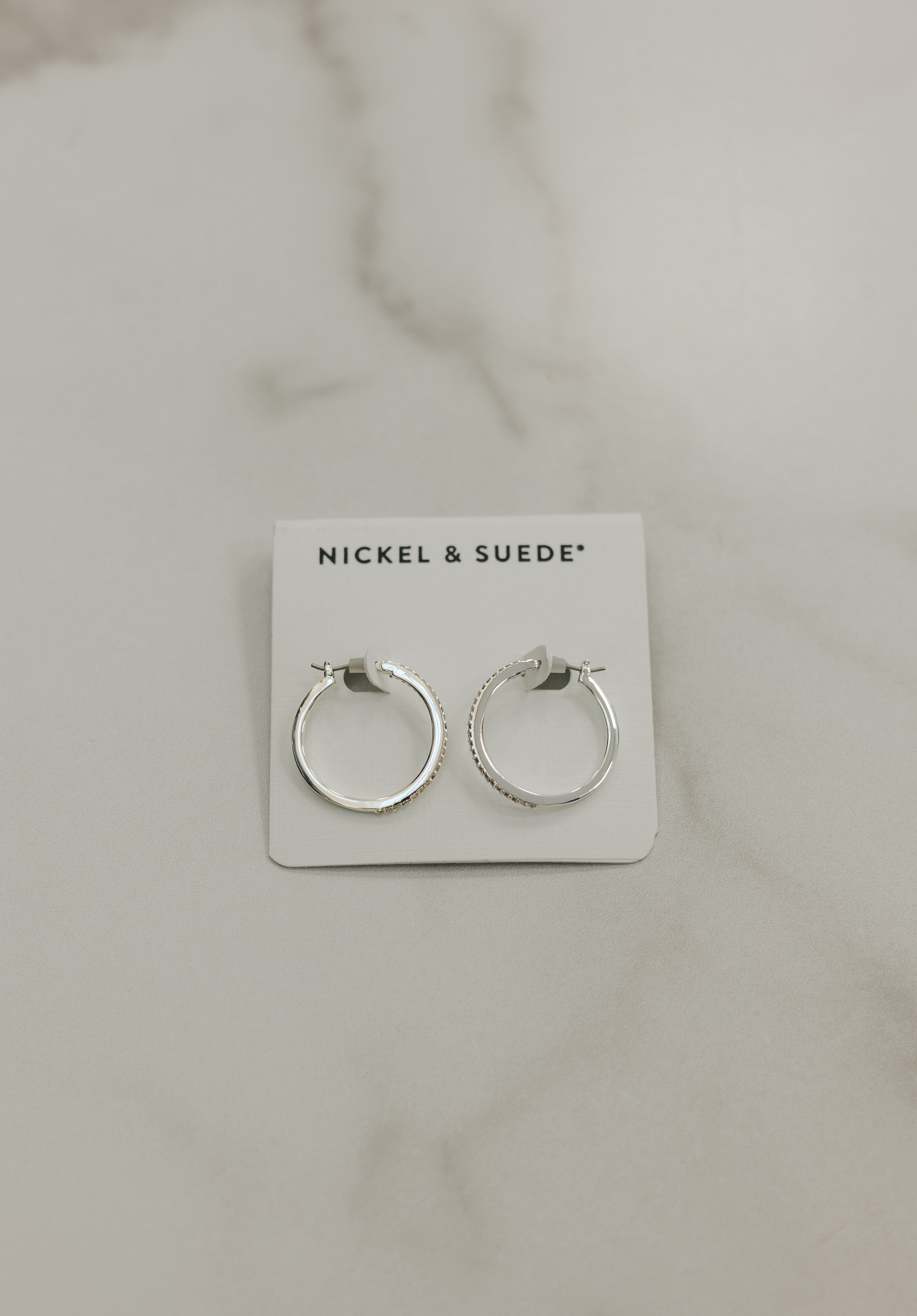 Nickel & Suede Silver Pave Hoops - Medium