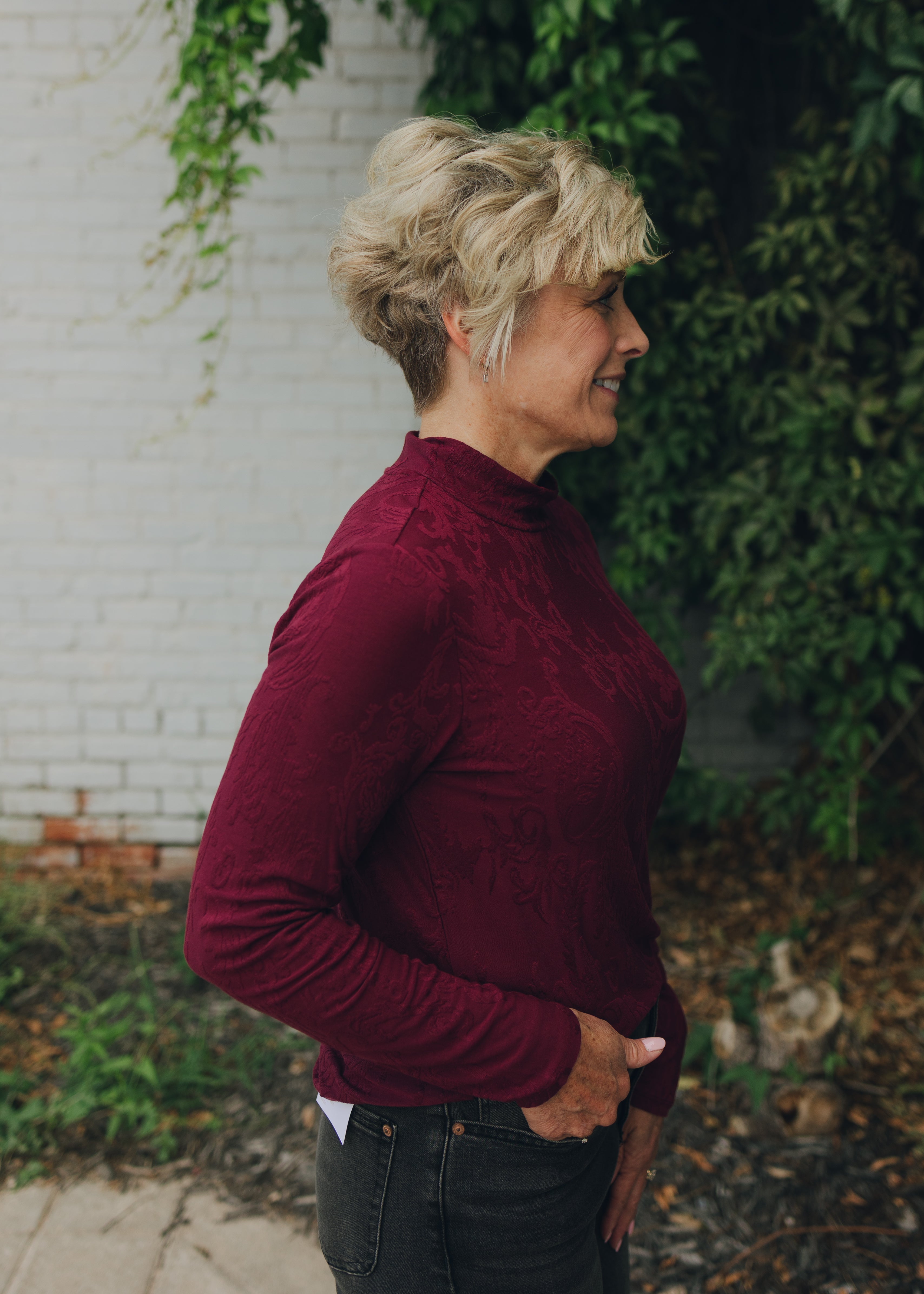 Tribal Mock Neck Top - Wine