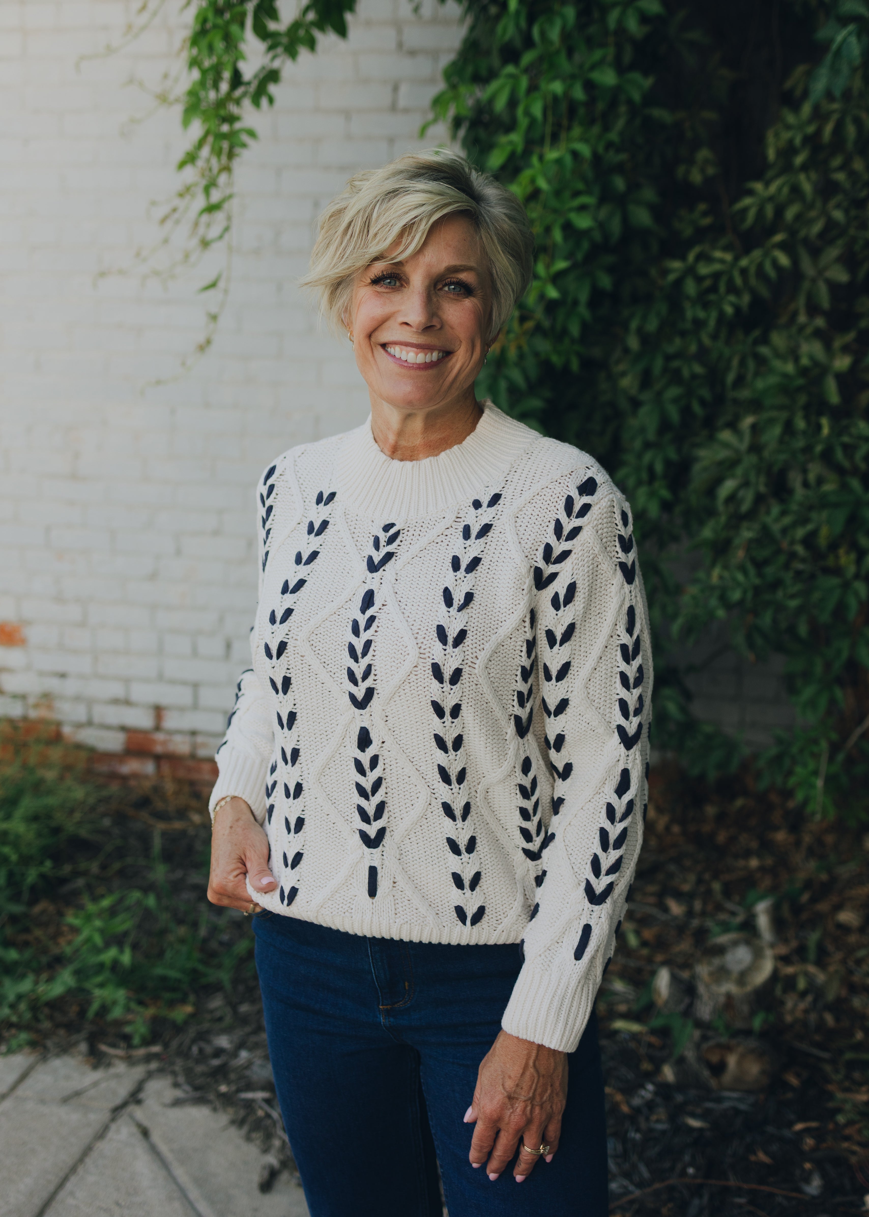 Tribal 3/4 Sleeve Mock Neck with Cables Detail