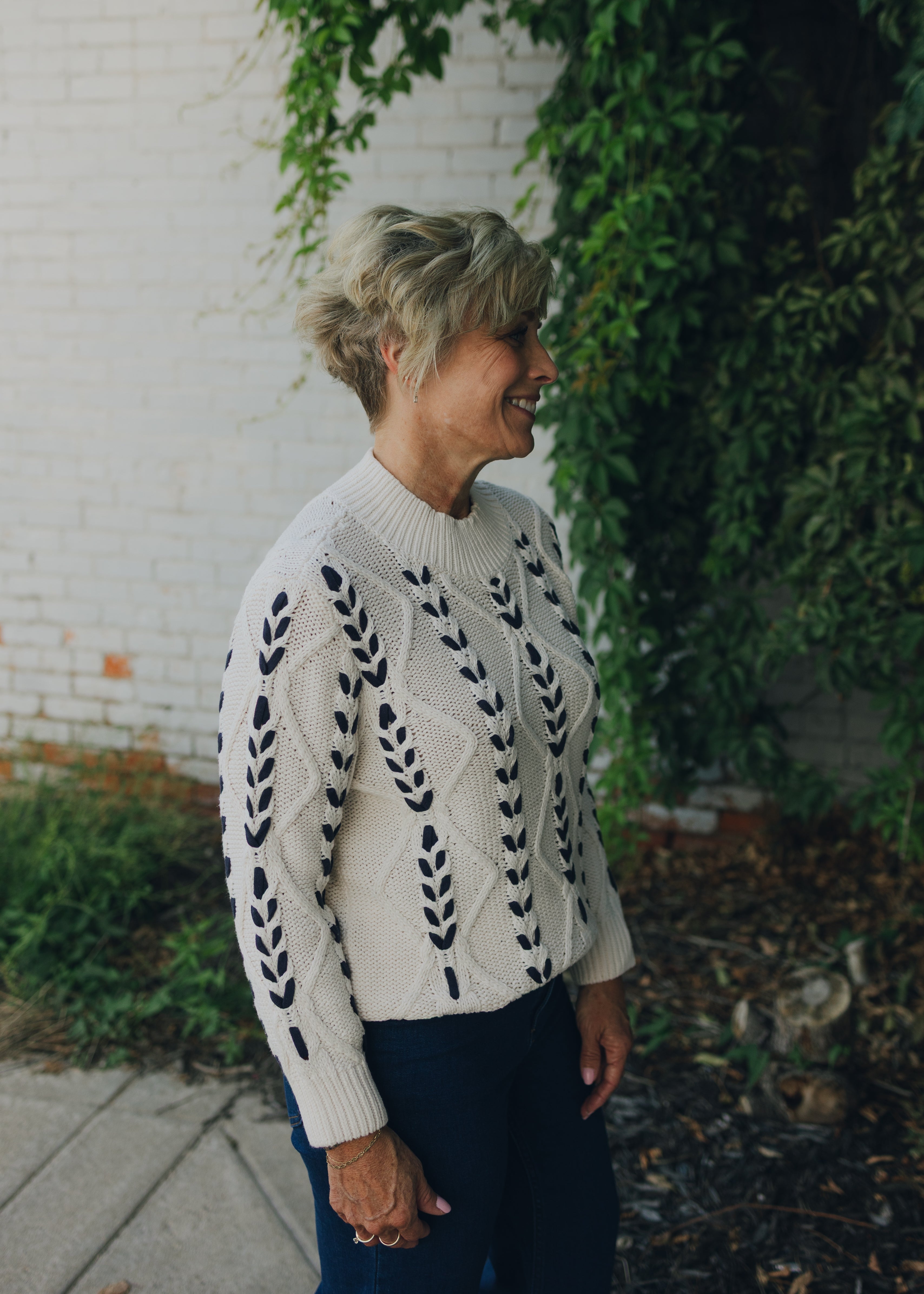 Tribal 3/4 Sleeve Mock Neck with Cables Detail