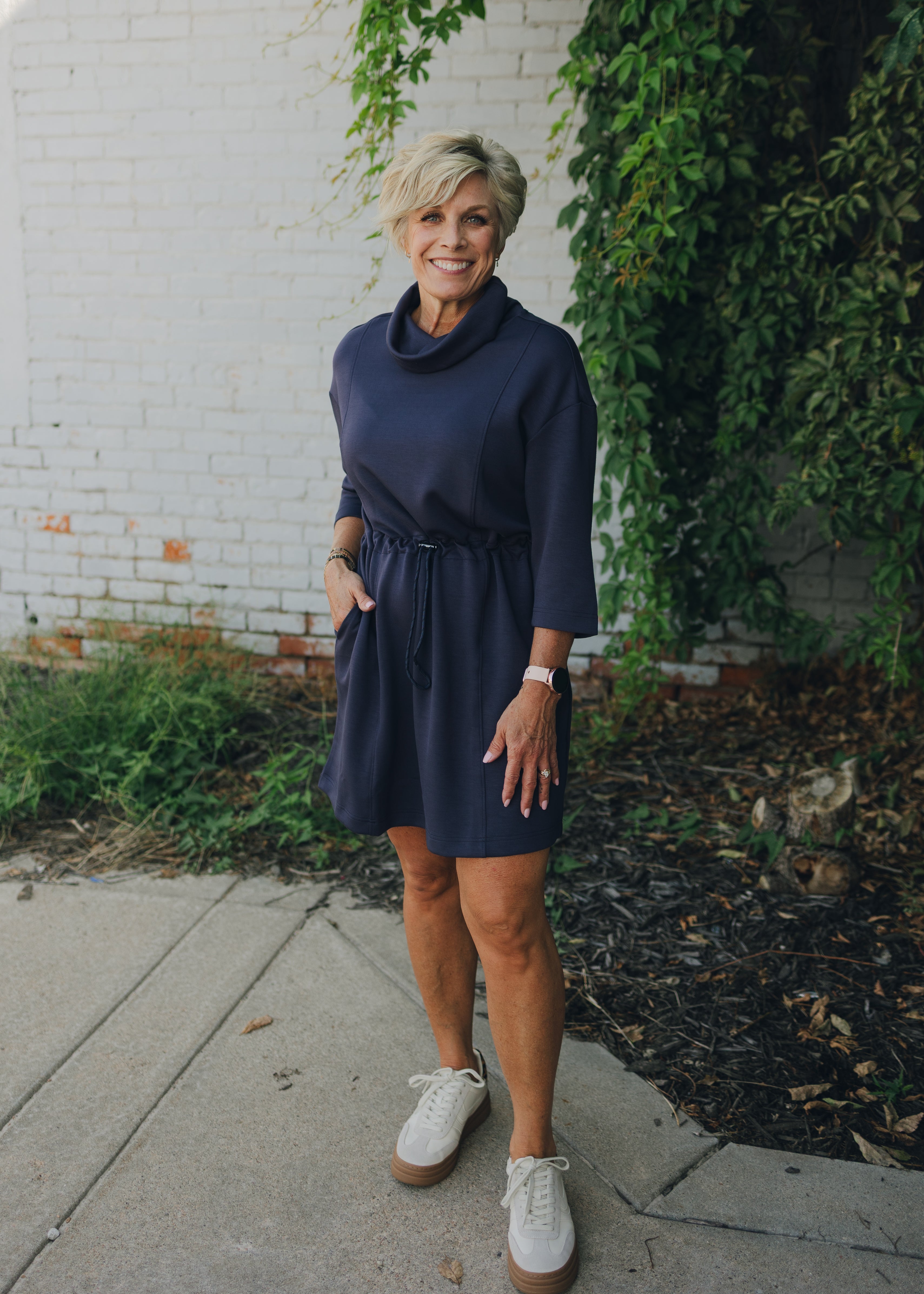 Tribal 3/4 Sleeve Funnel Neck Dress - Sapphire