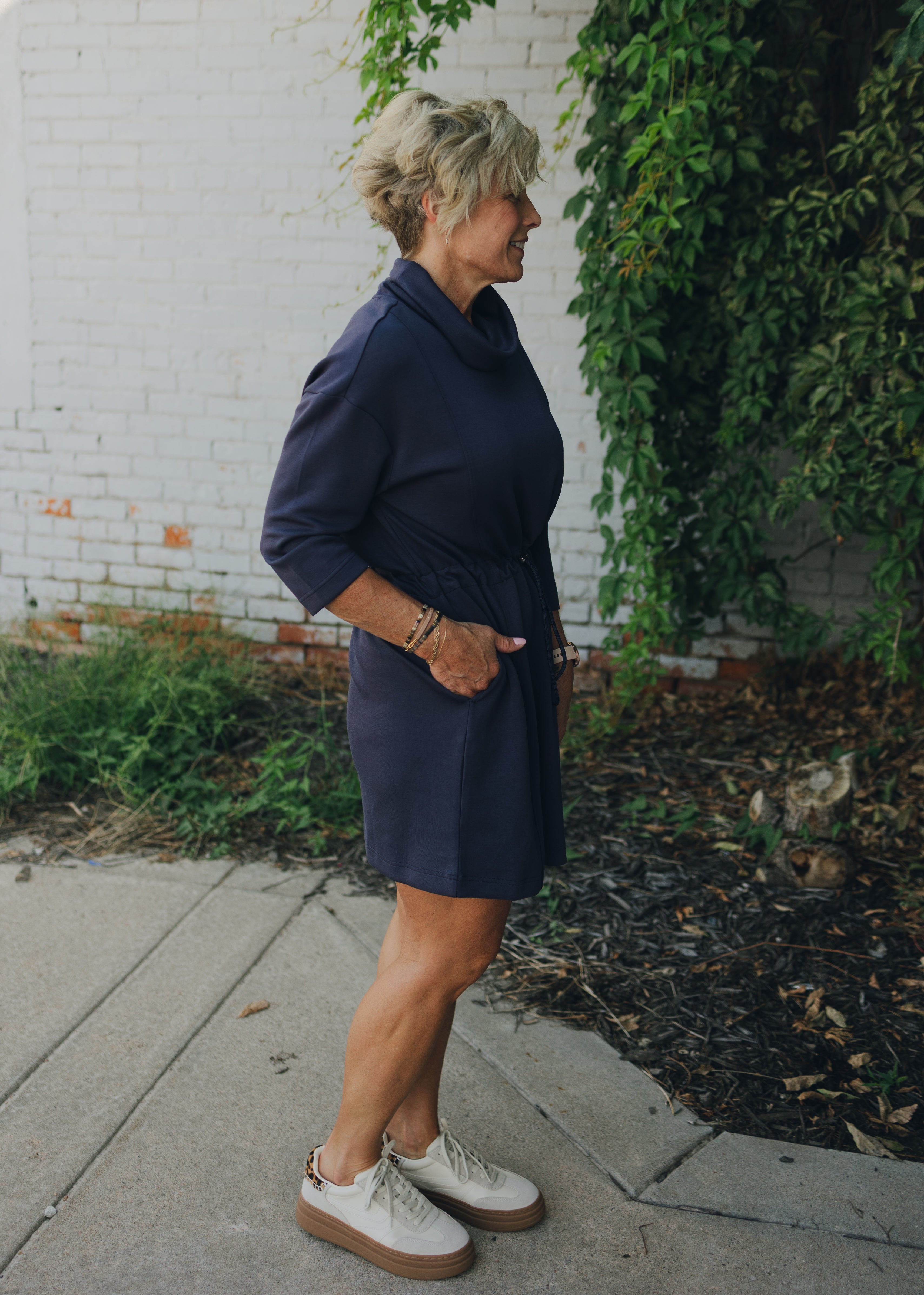 Tribal 3/4 Sleeve Funnel Neck Dress - Sapphire