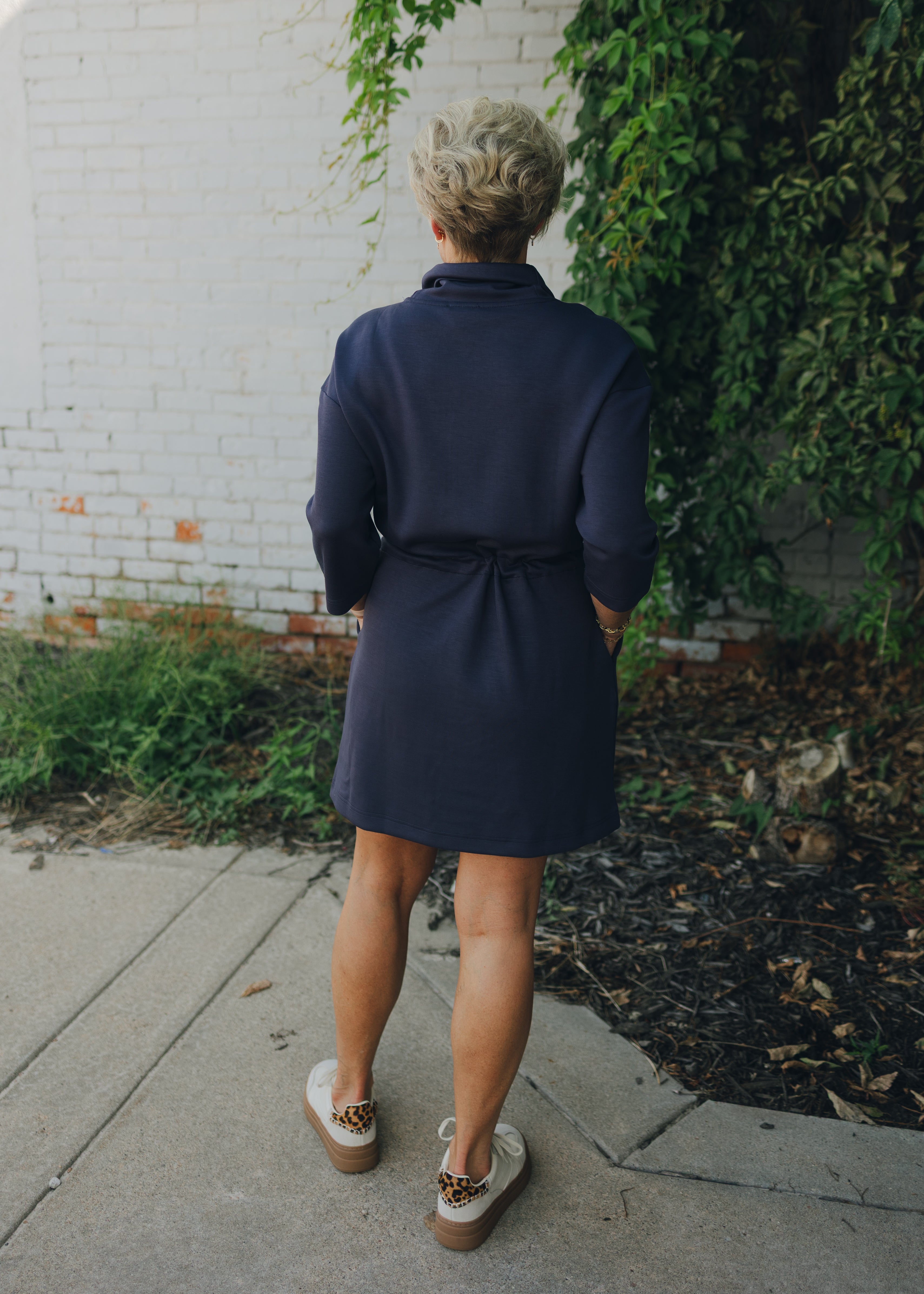 Tribal 3/4 Sleeve Funnel Neck Dress - Sapphire