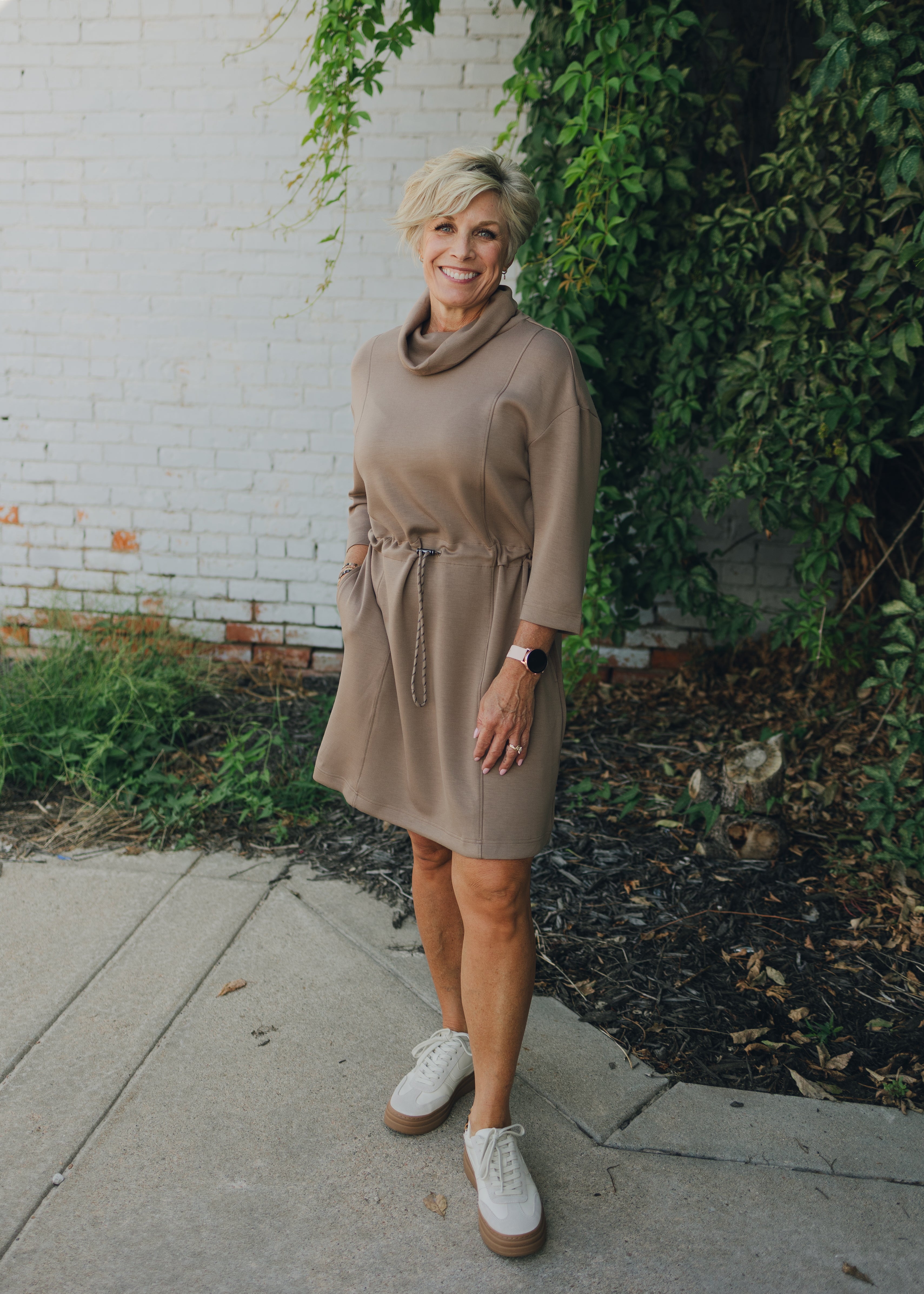 Tribal 3/4 Sleeve Funnel Neck Dress - Fossil