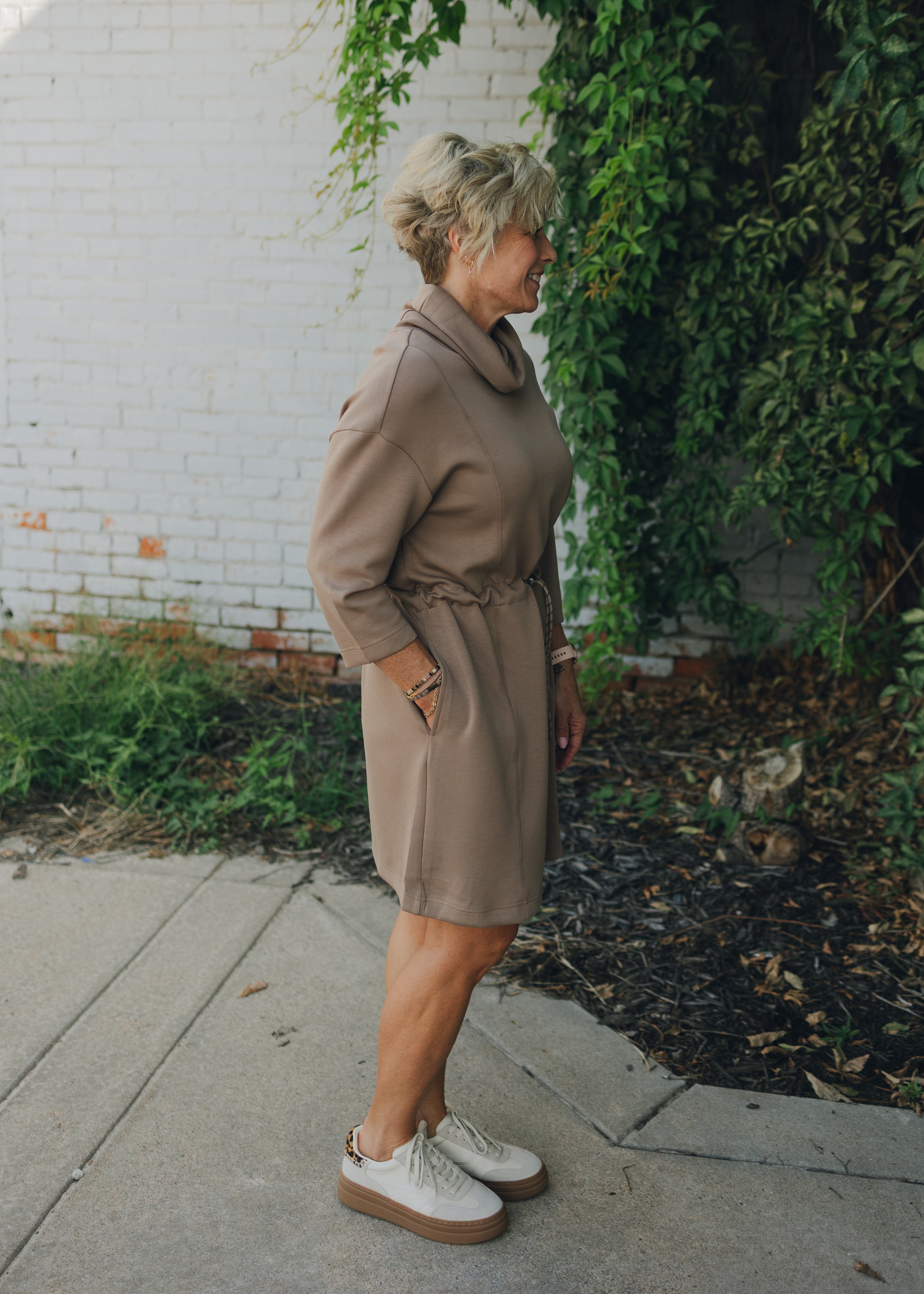 Tribal 3/4 Sleeve Funnel Neck Dress - Fossil