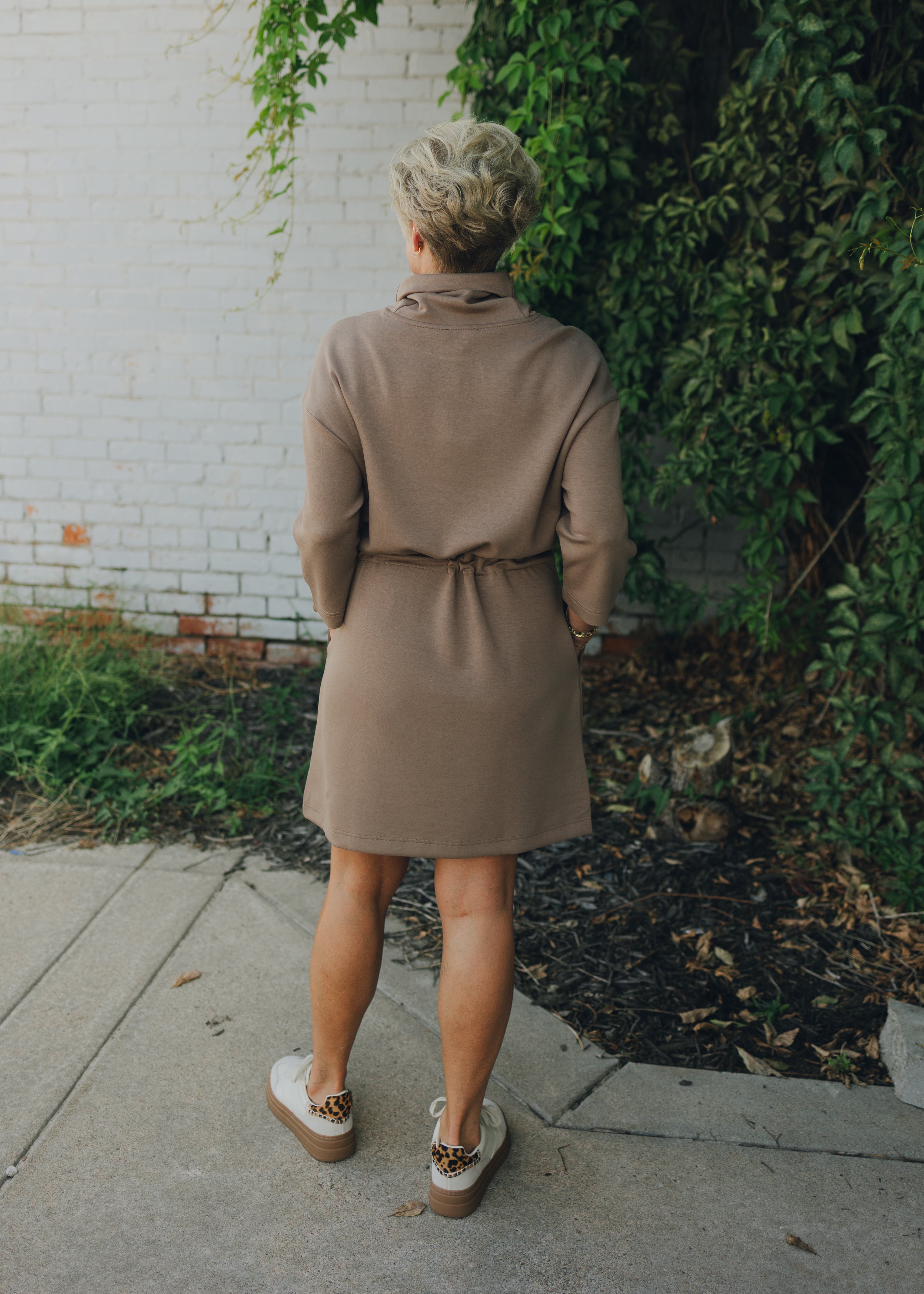 Tribal 3/4 Sleeve Funnel Neck Dress - Fossil