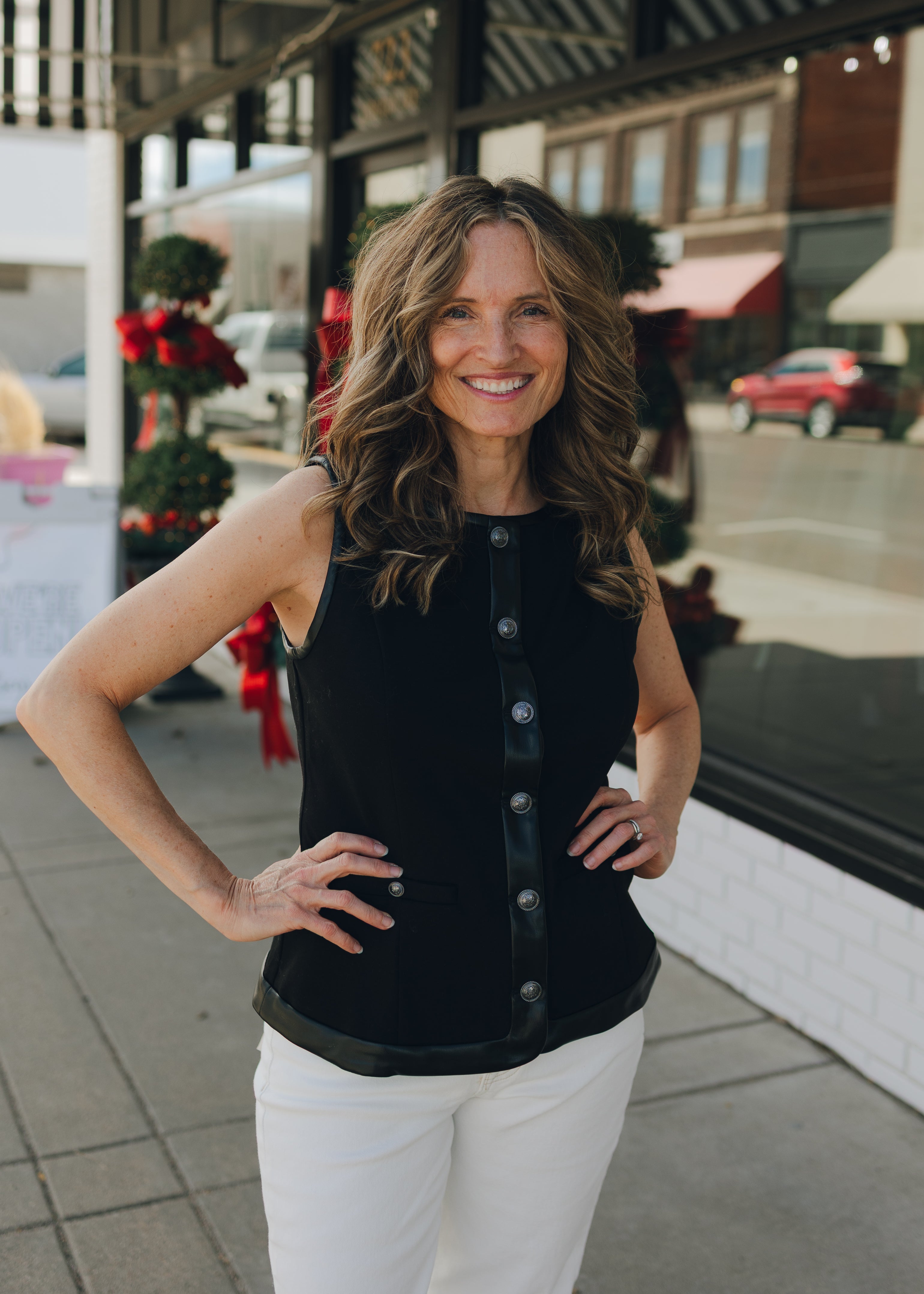 Liverpool Boatneck Button Vest W/ PU Leather Trim