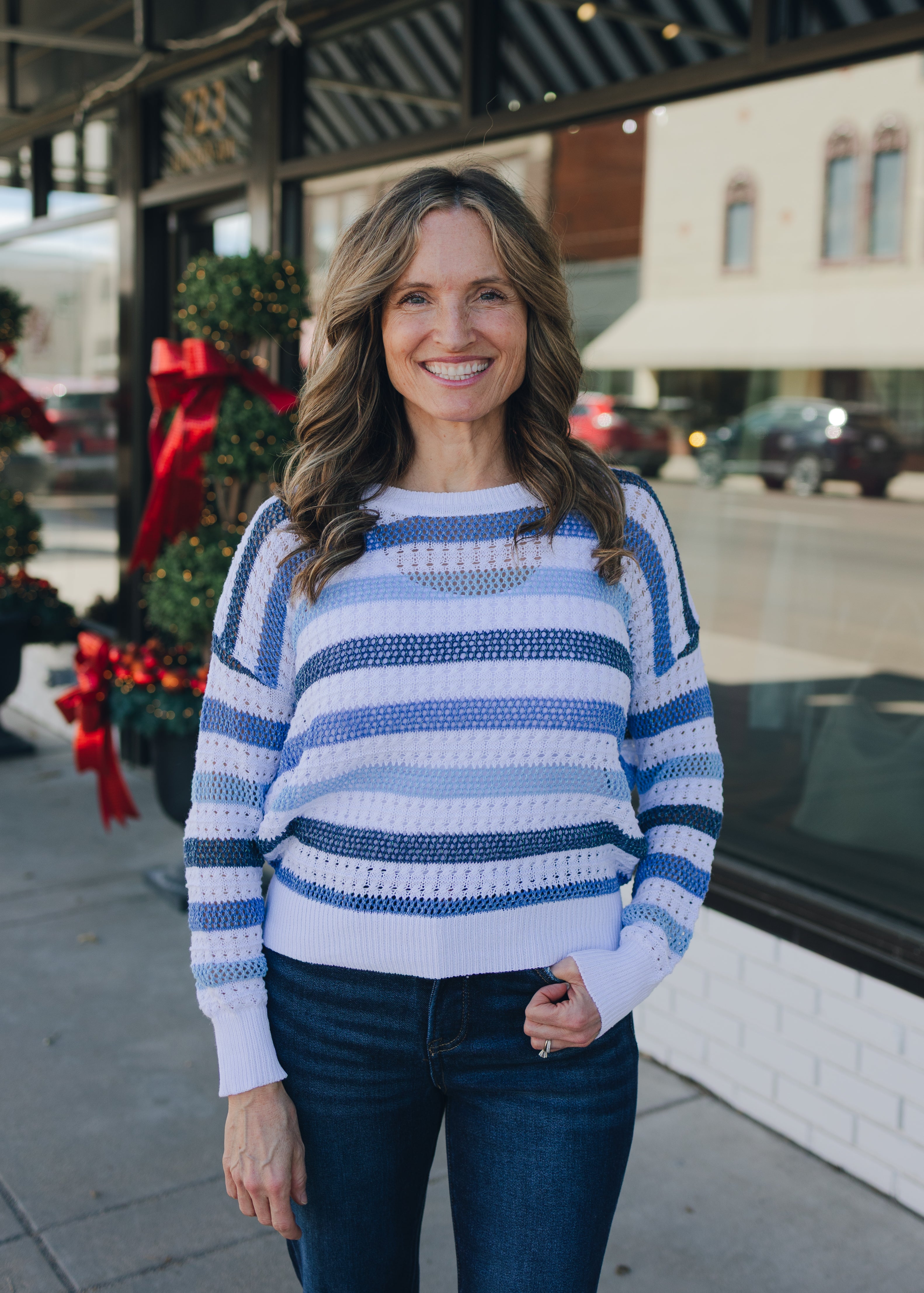Striped Long Sleeve Open Knit Sweater
