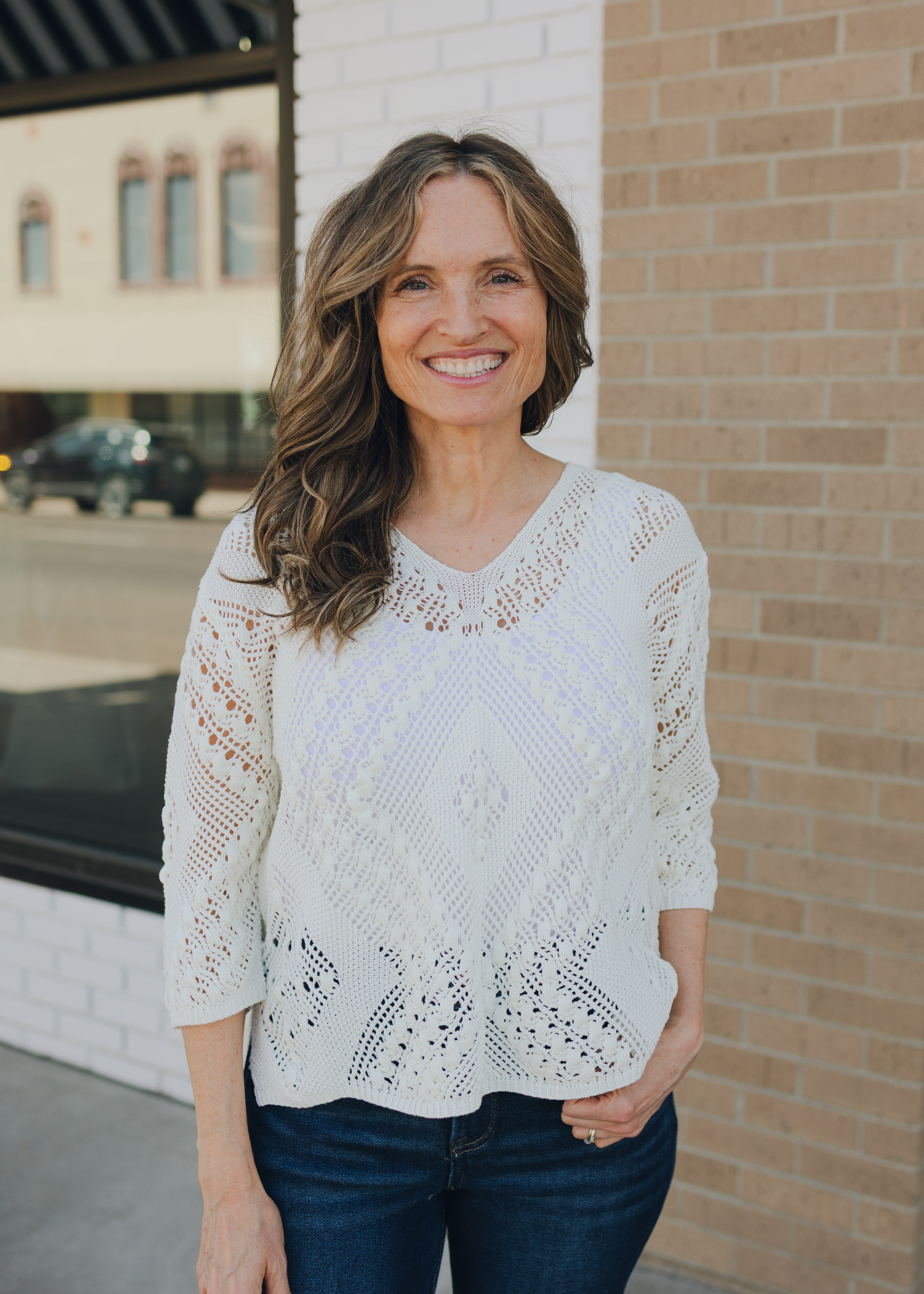 V-Neck Open Knit 3/4 Sleeve Sweater