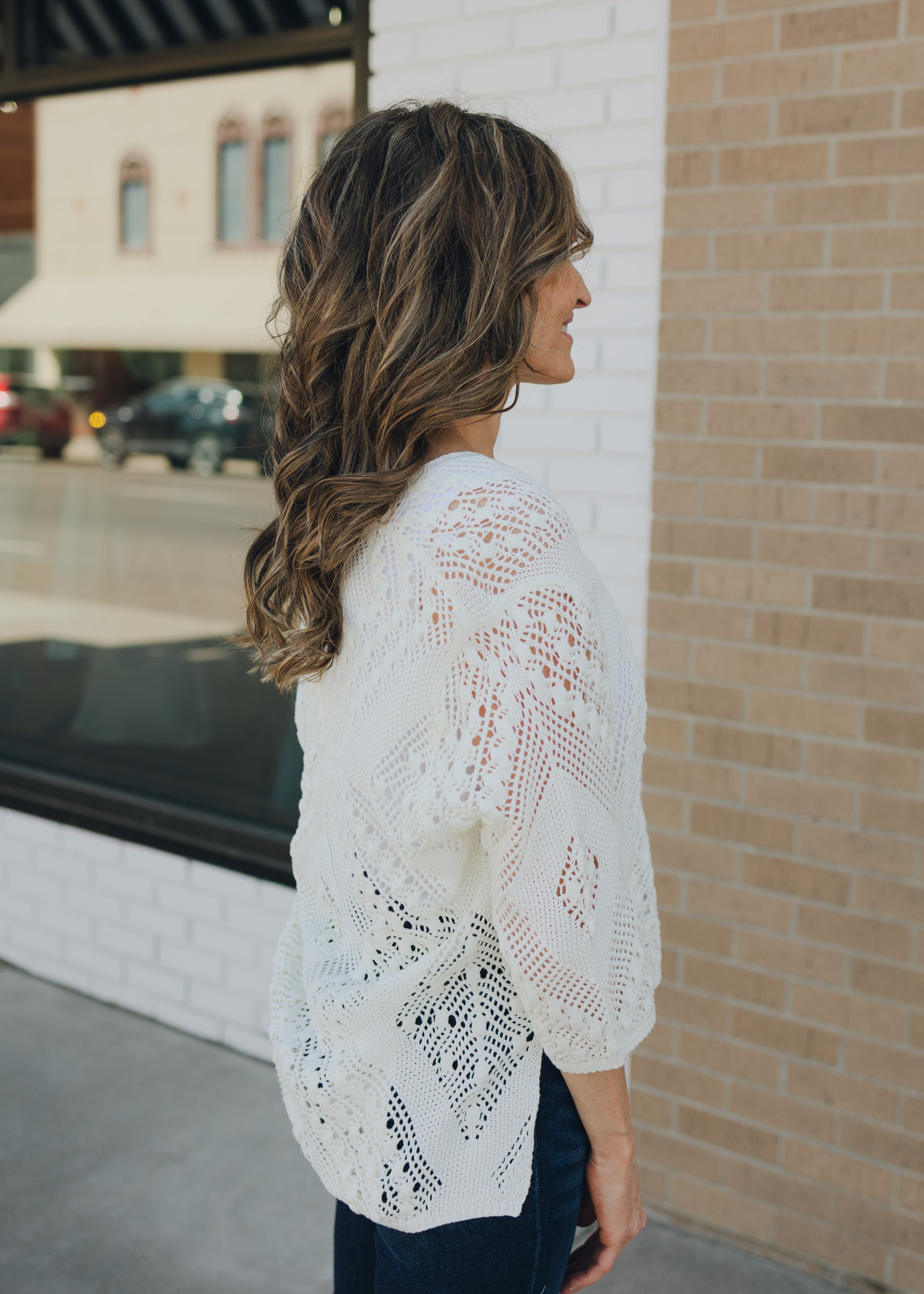 V-Neck Open Knit 3/4 Sleeve Sweater