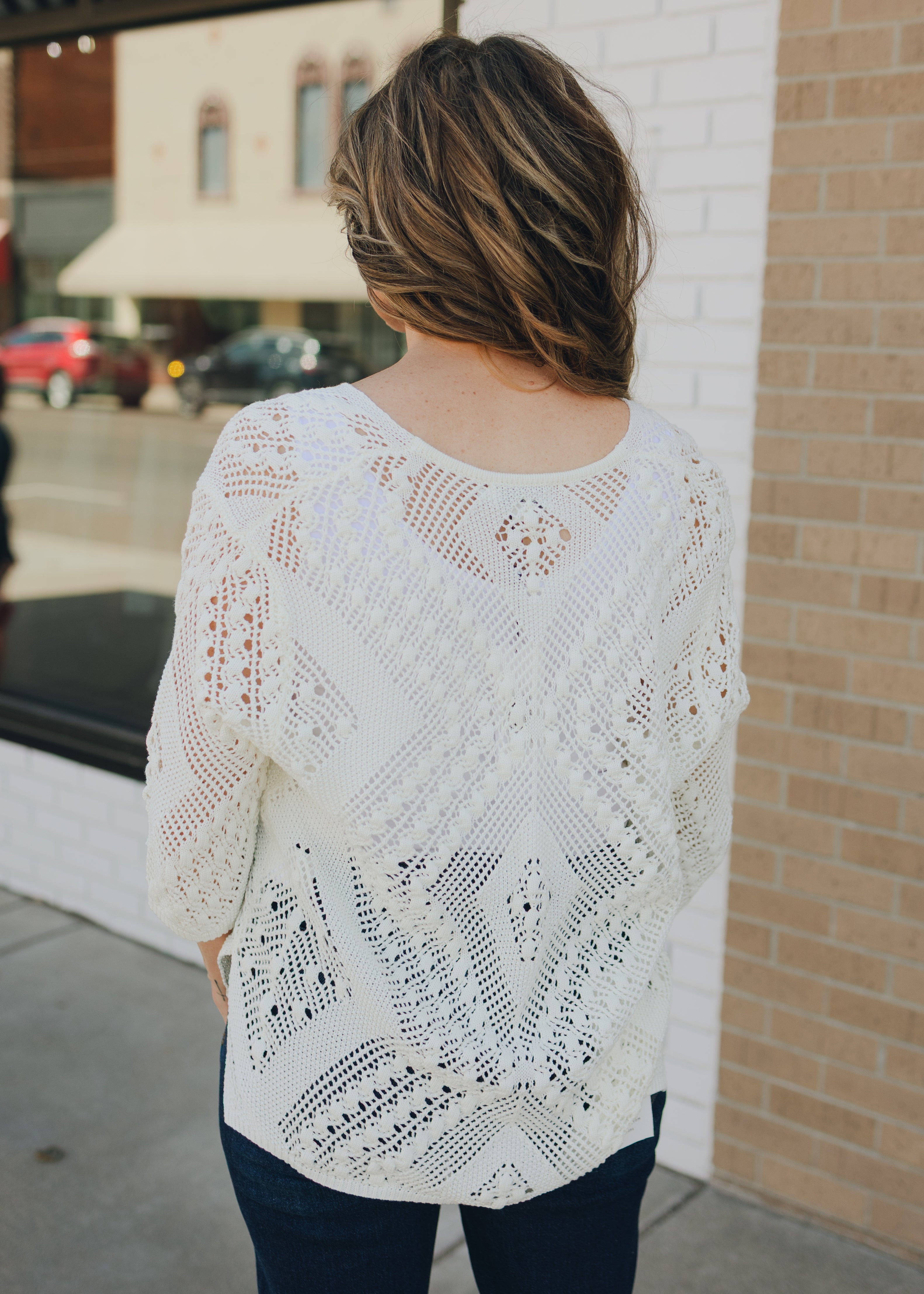 V-Neck Open Knit 3/4 Sleeve Sweater