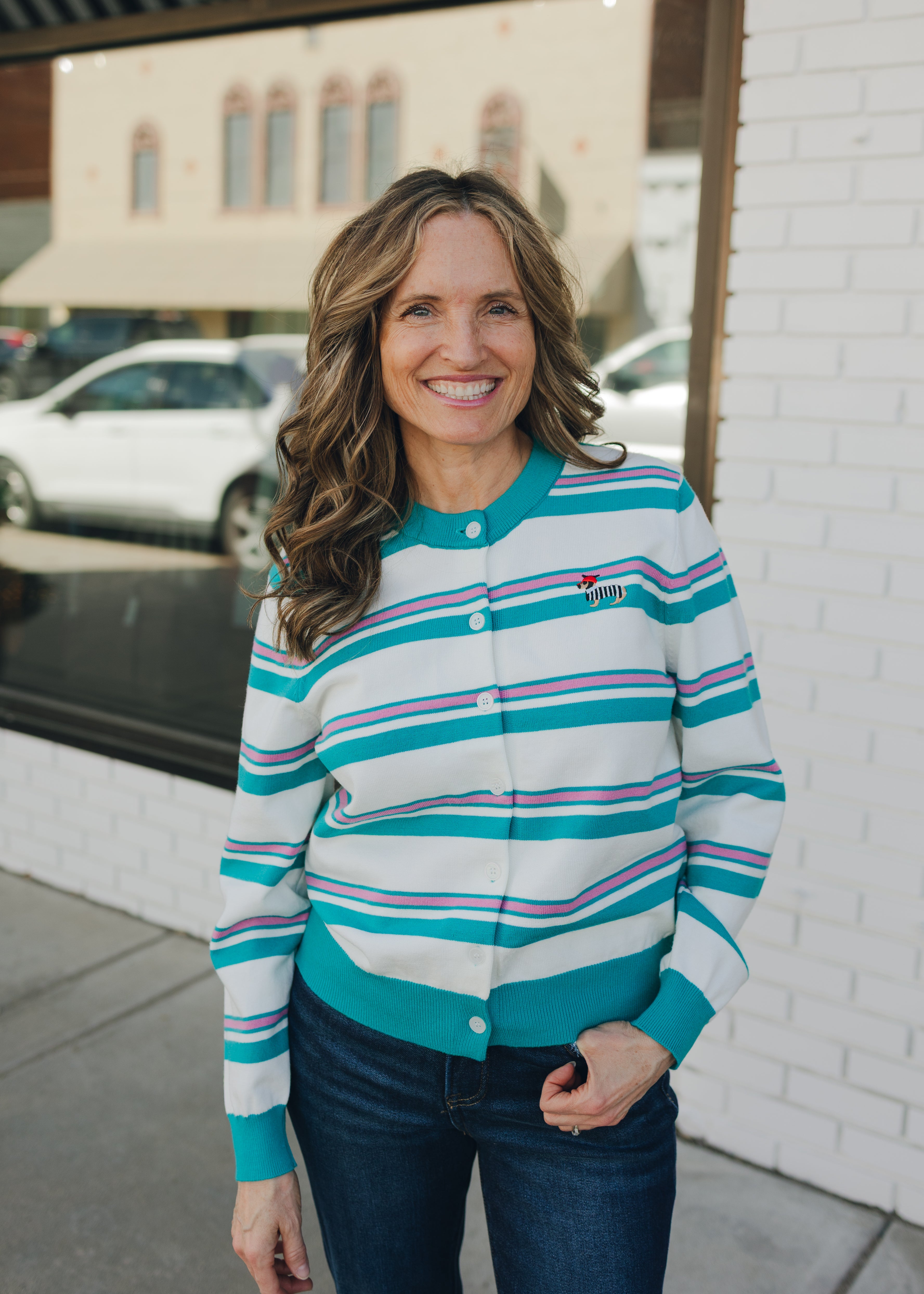 Striped Button Cardigan W/ Embroidered Dog
