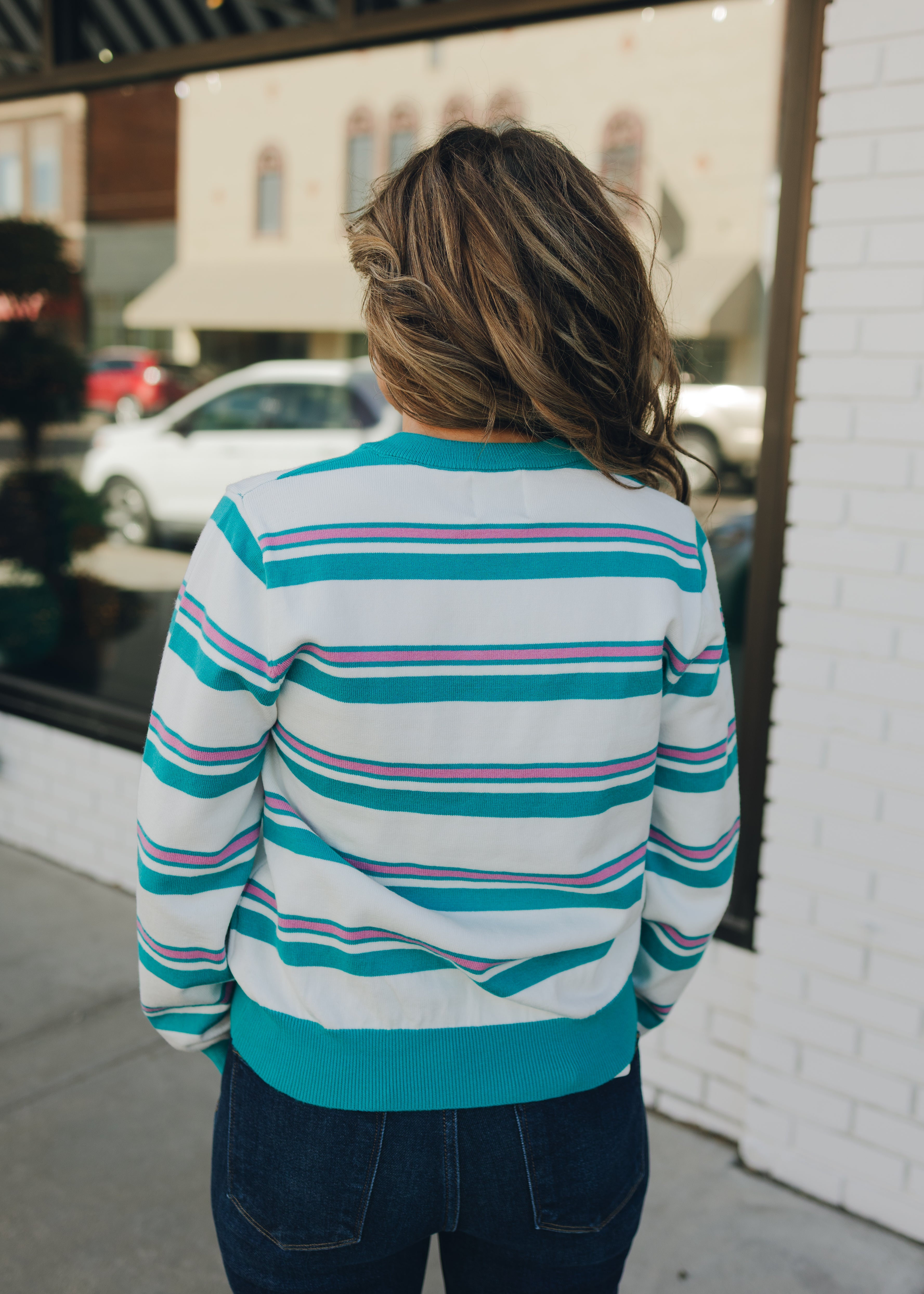 Striped Button Cardigan W/ Embroidered Dog