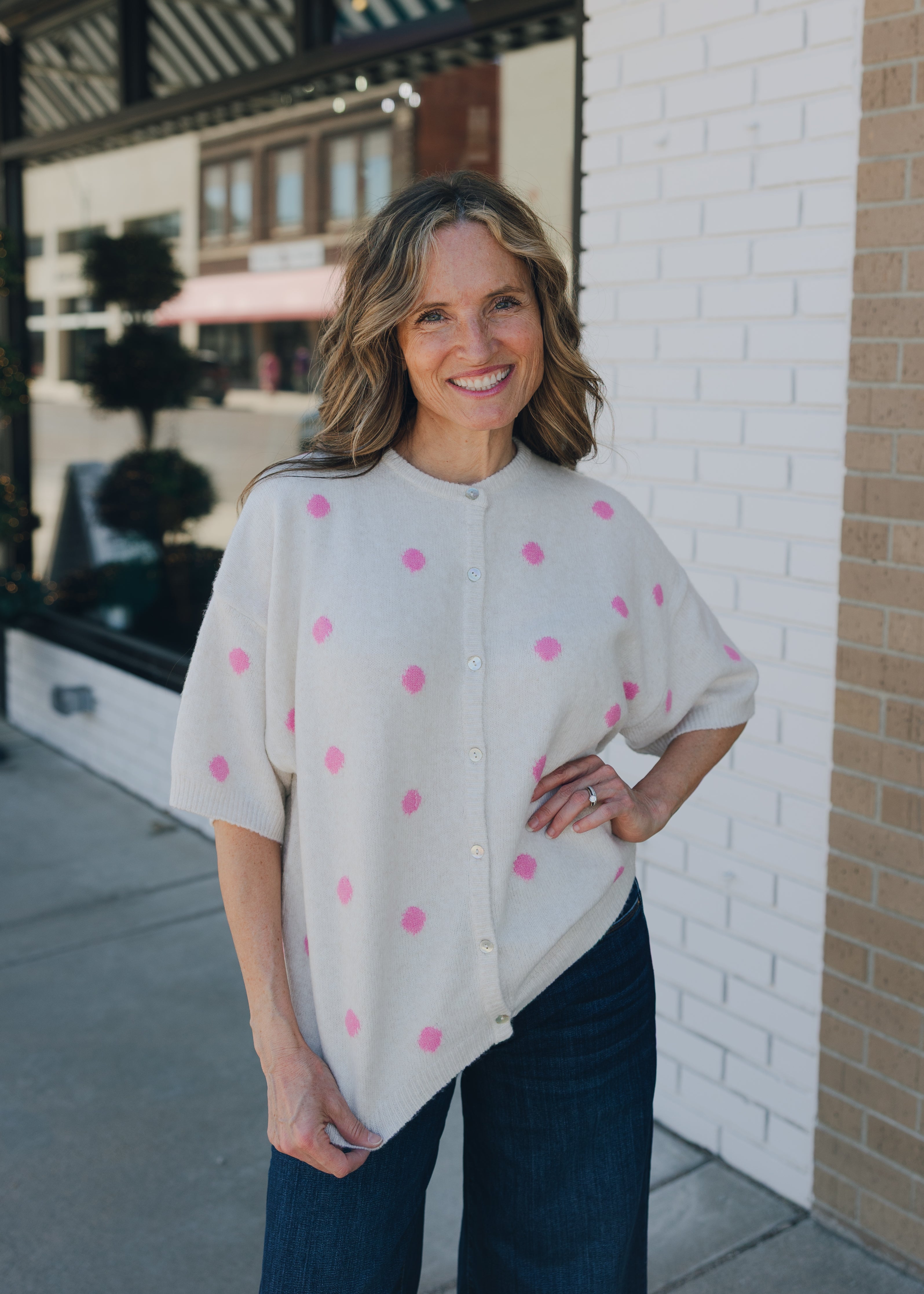Short Sleeve Polka Dot Sweater Cardigan