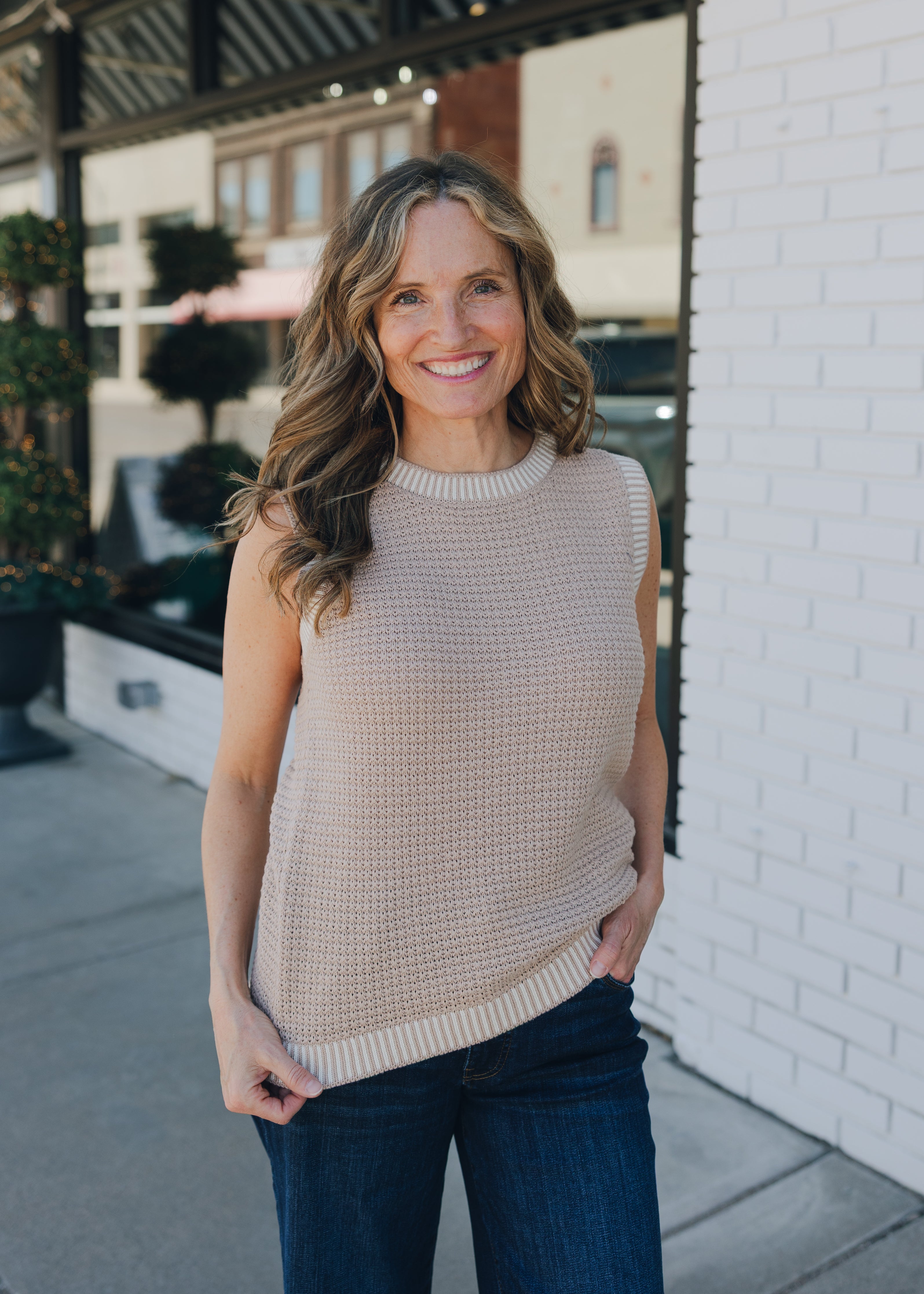 Waffle Sleeveless Top with Color Accent