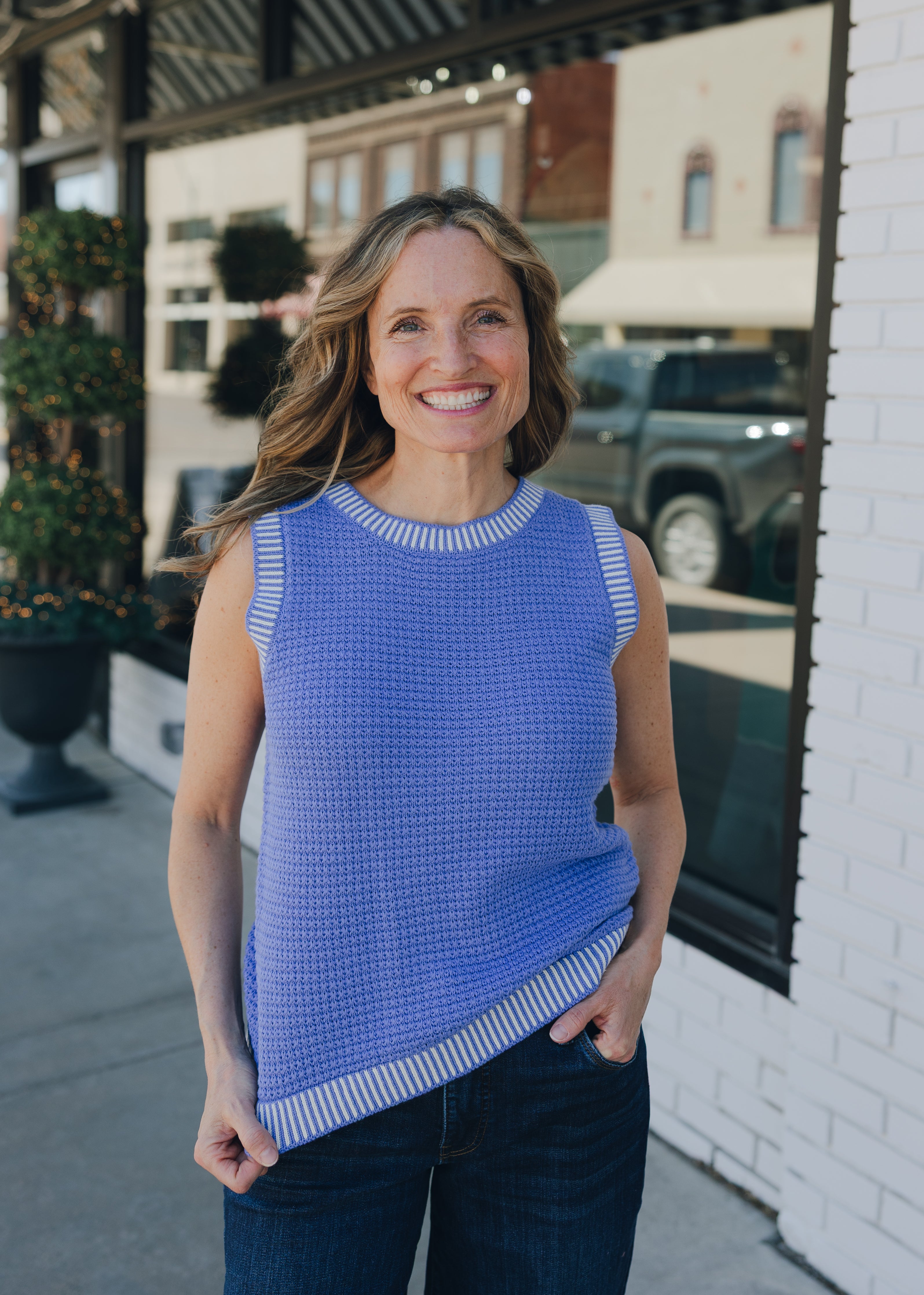 Waffle Sleeveless Top with Color Accent