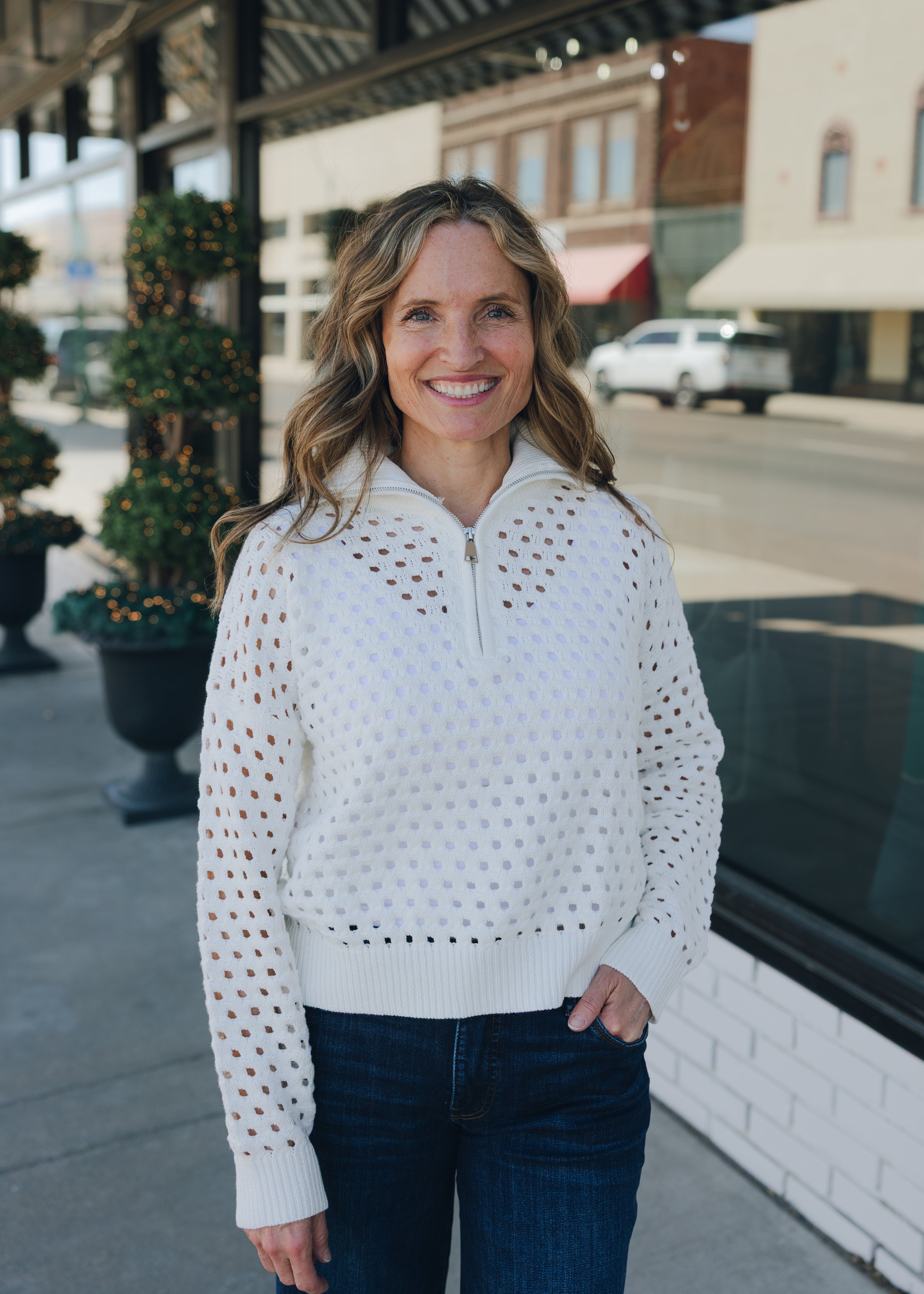 Half Zip Open Weave Sweater