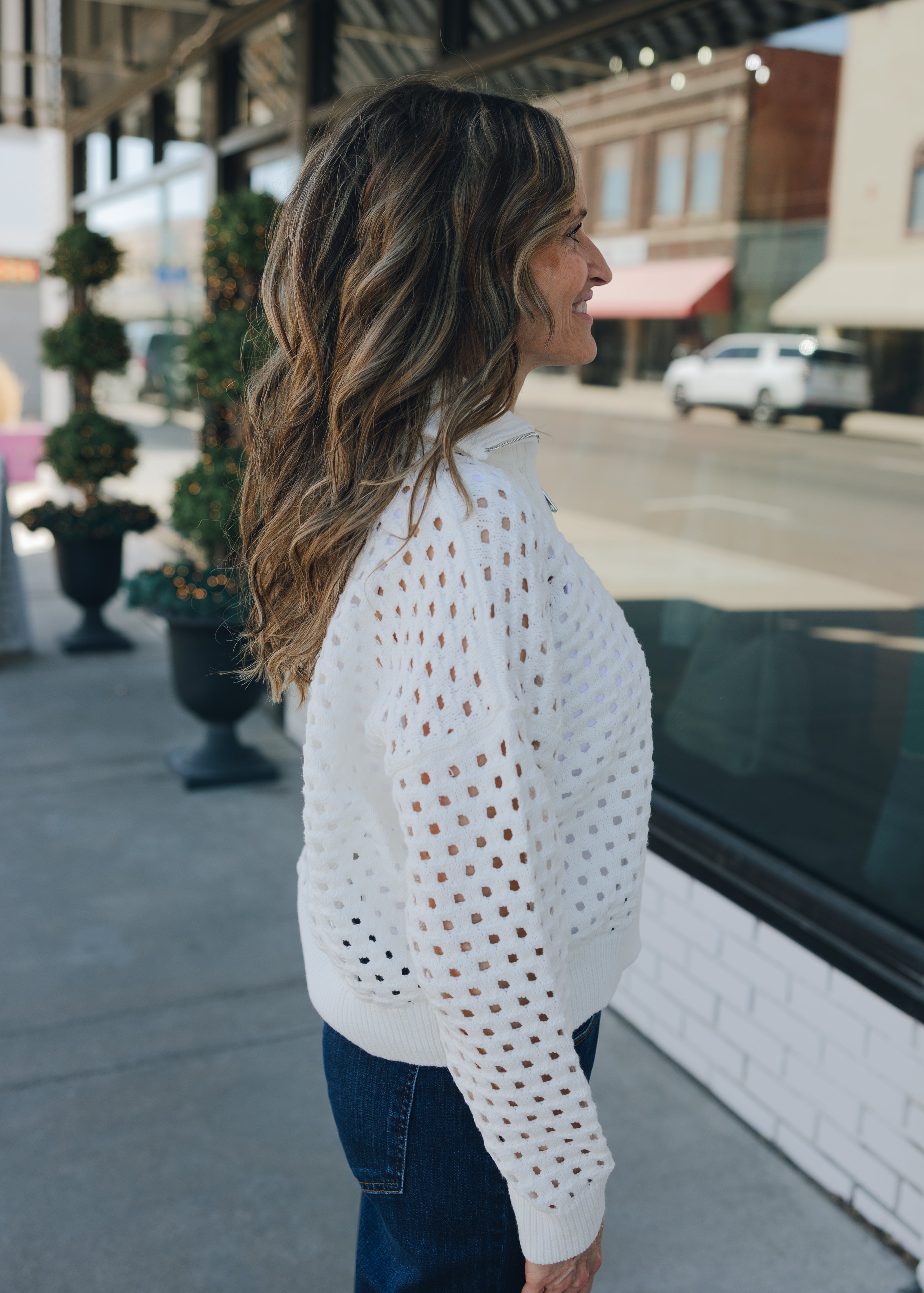 Half Zip Open Weave Sweater