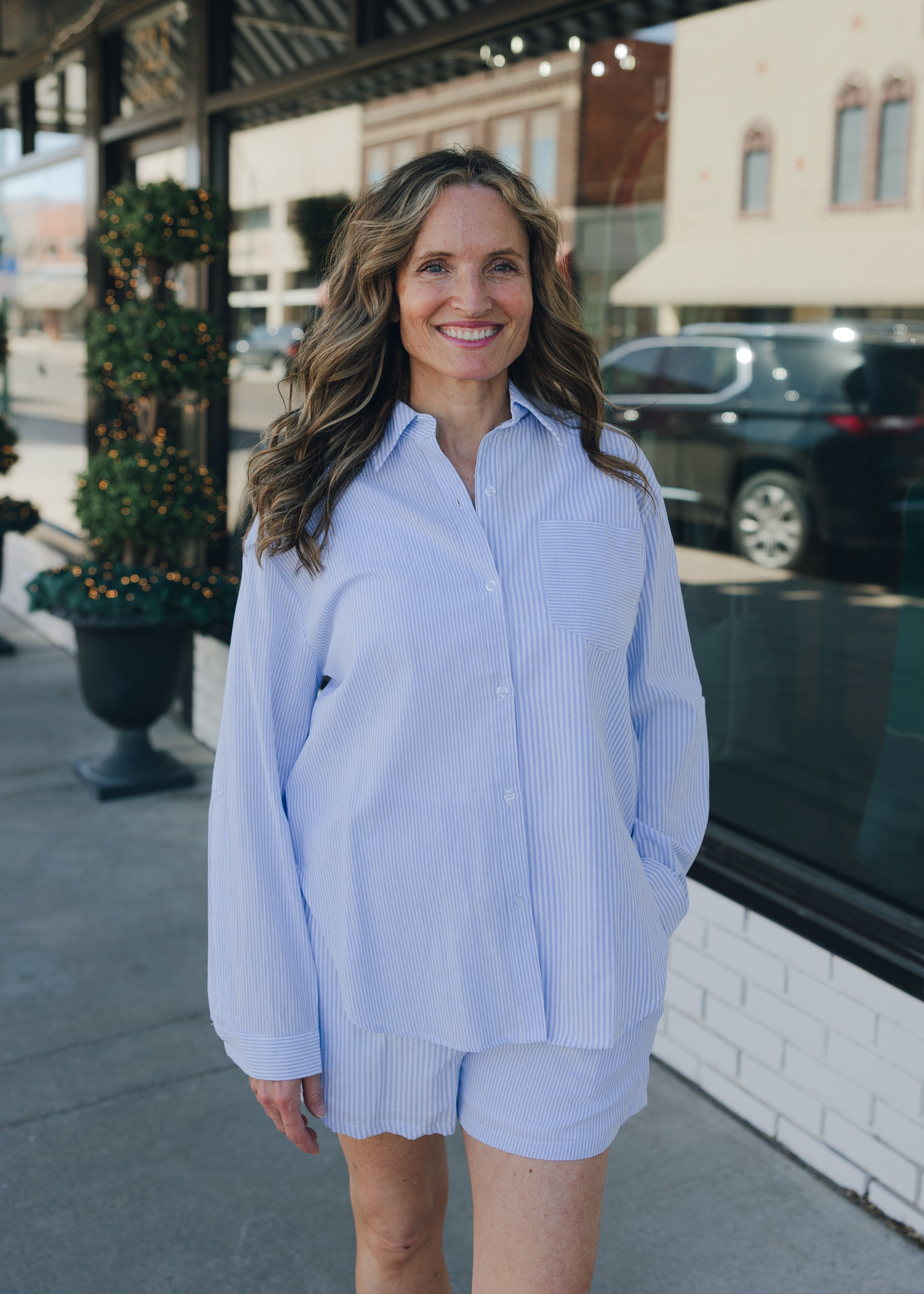 Twin Stripe Cotton Blend Button Up