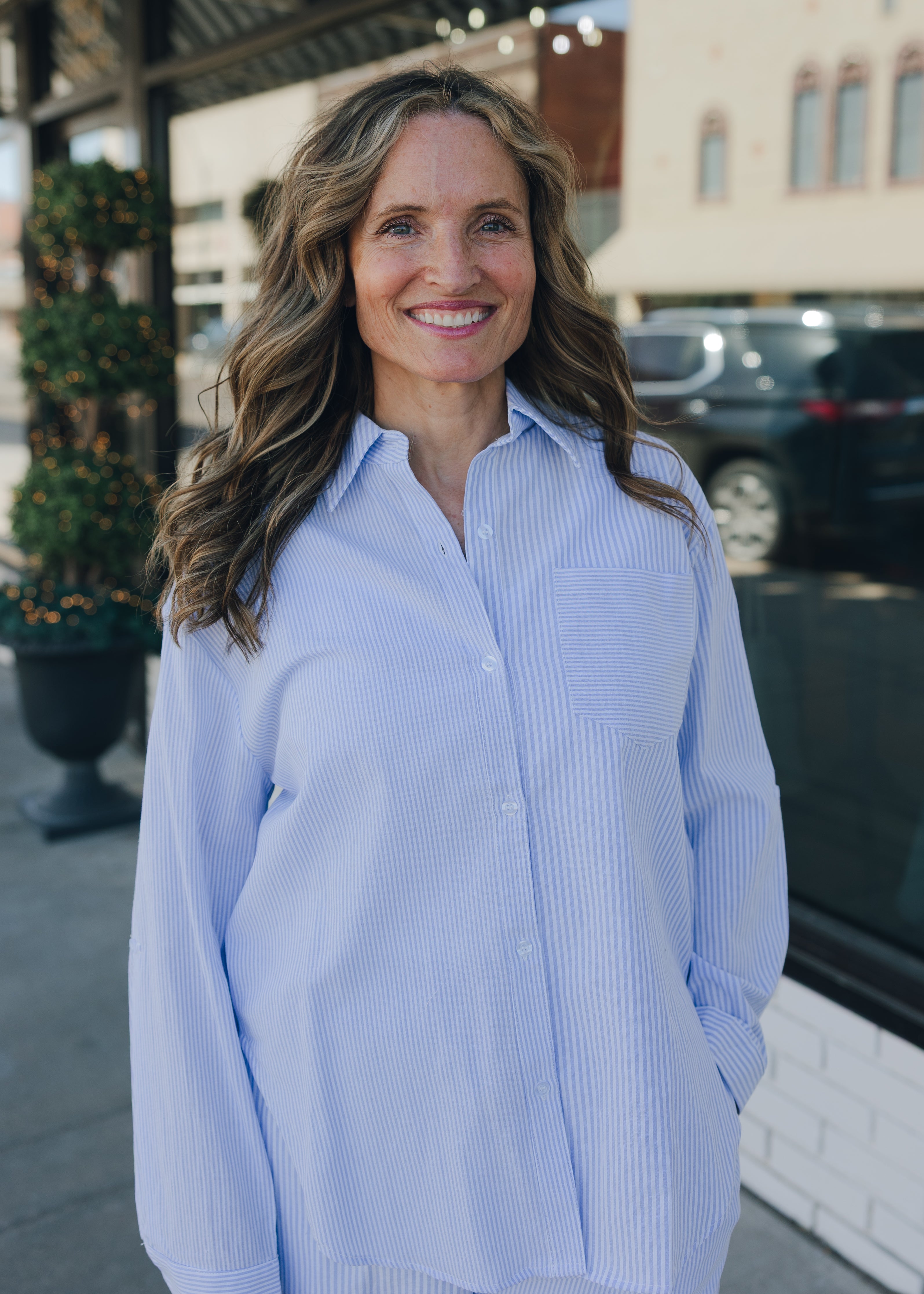 Twin Stripe Cotton Blend Button Up