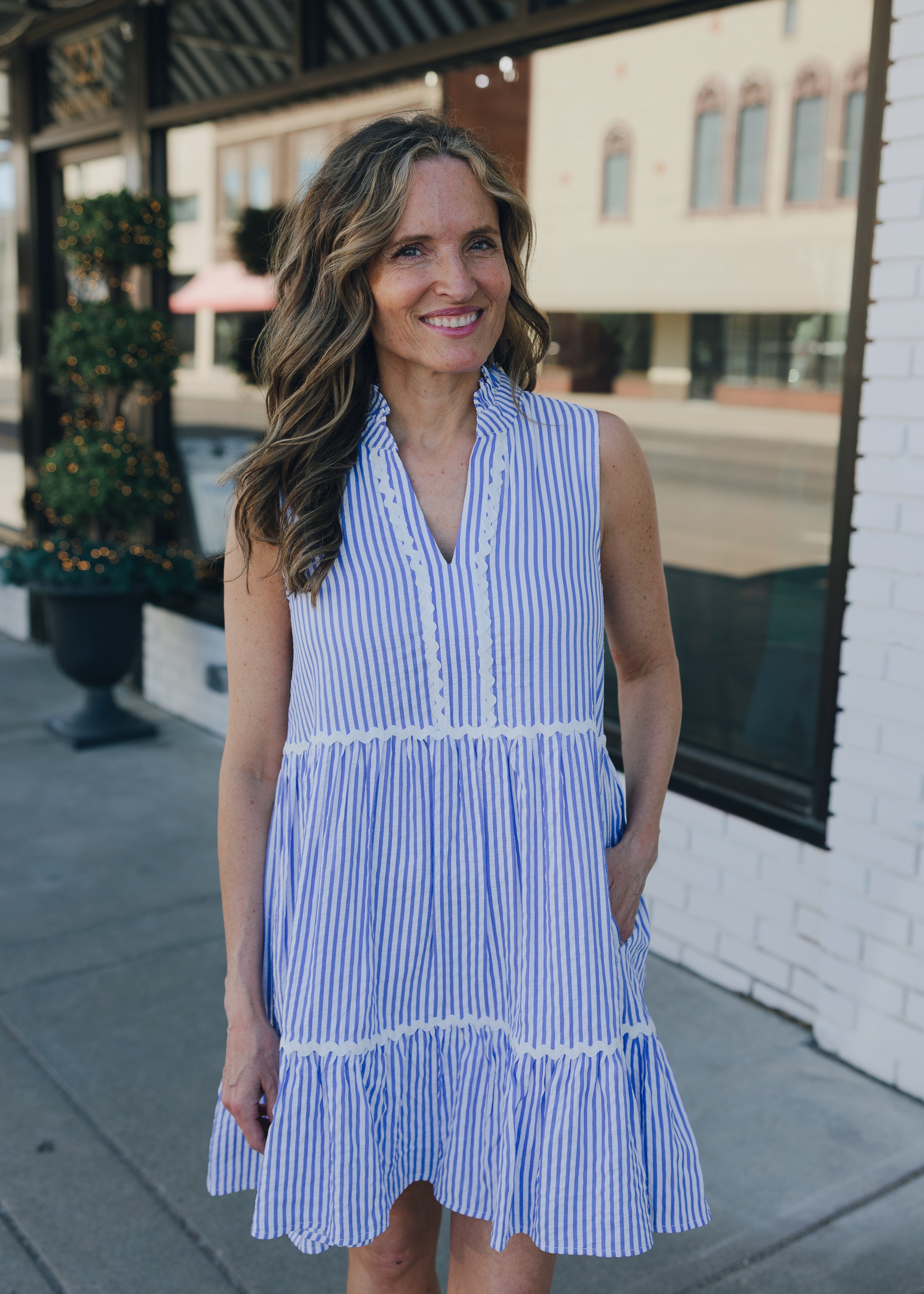 Sleeveless Frilly Y-Neck Ricrac Tiered Dress