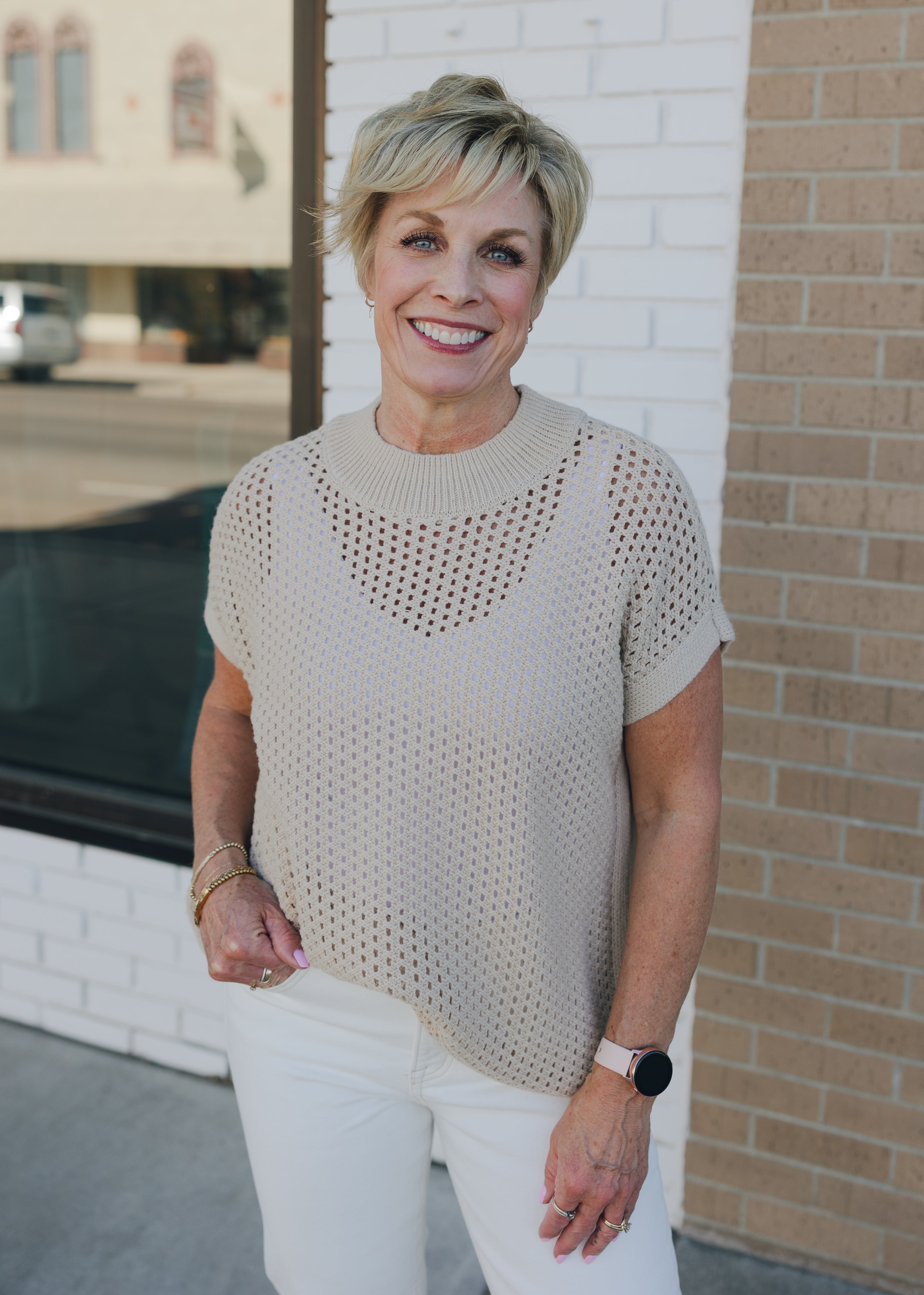 Short Sleeve Open Knit Sweater