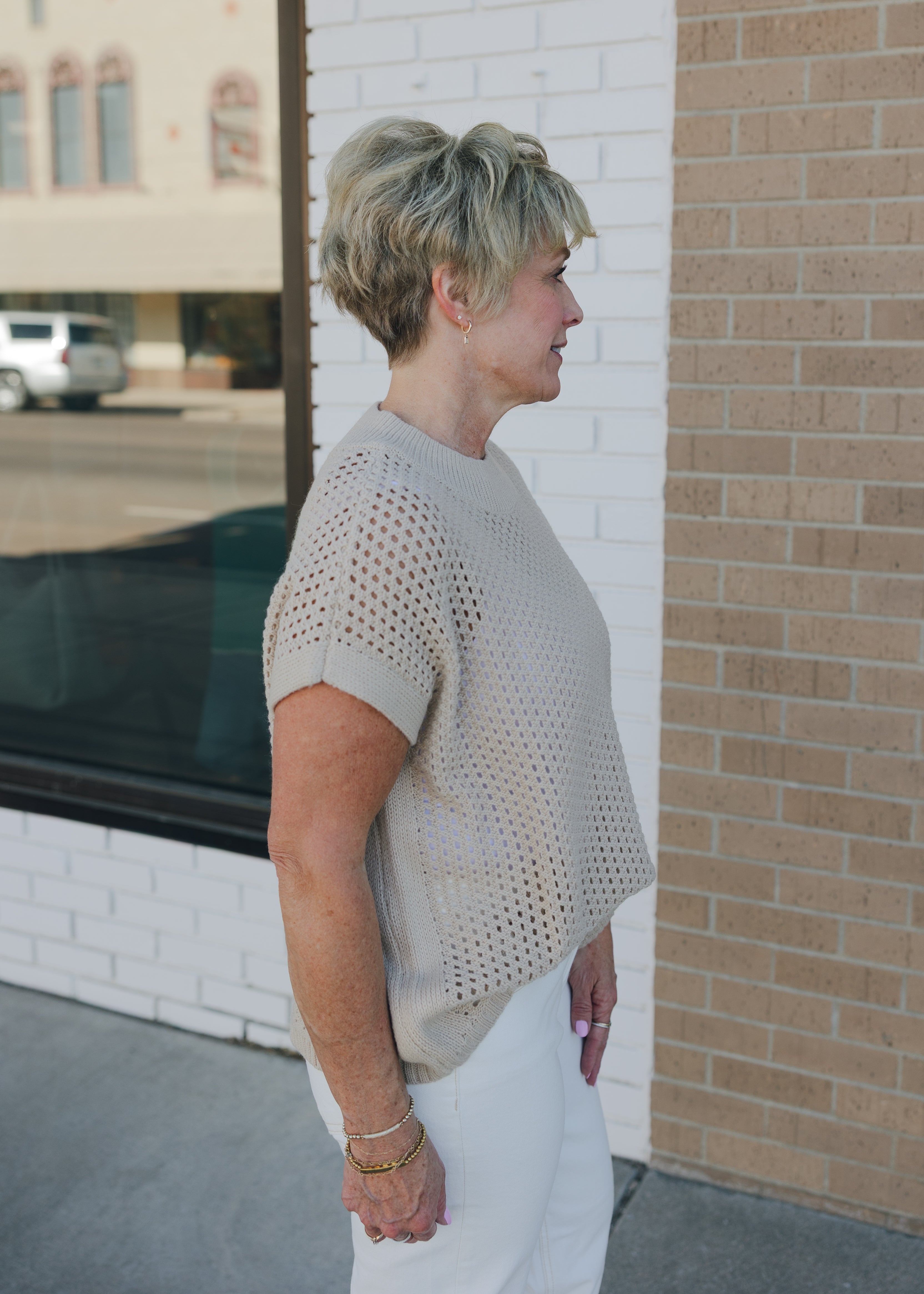 Short Sleeve Open Knit Sweater