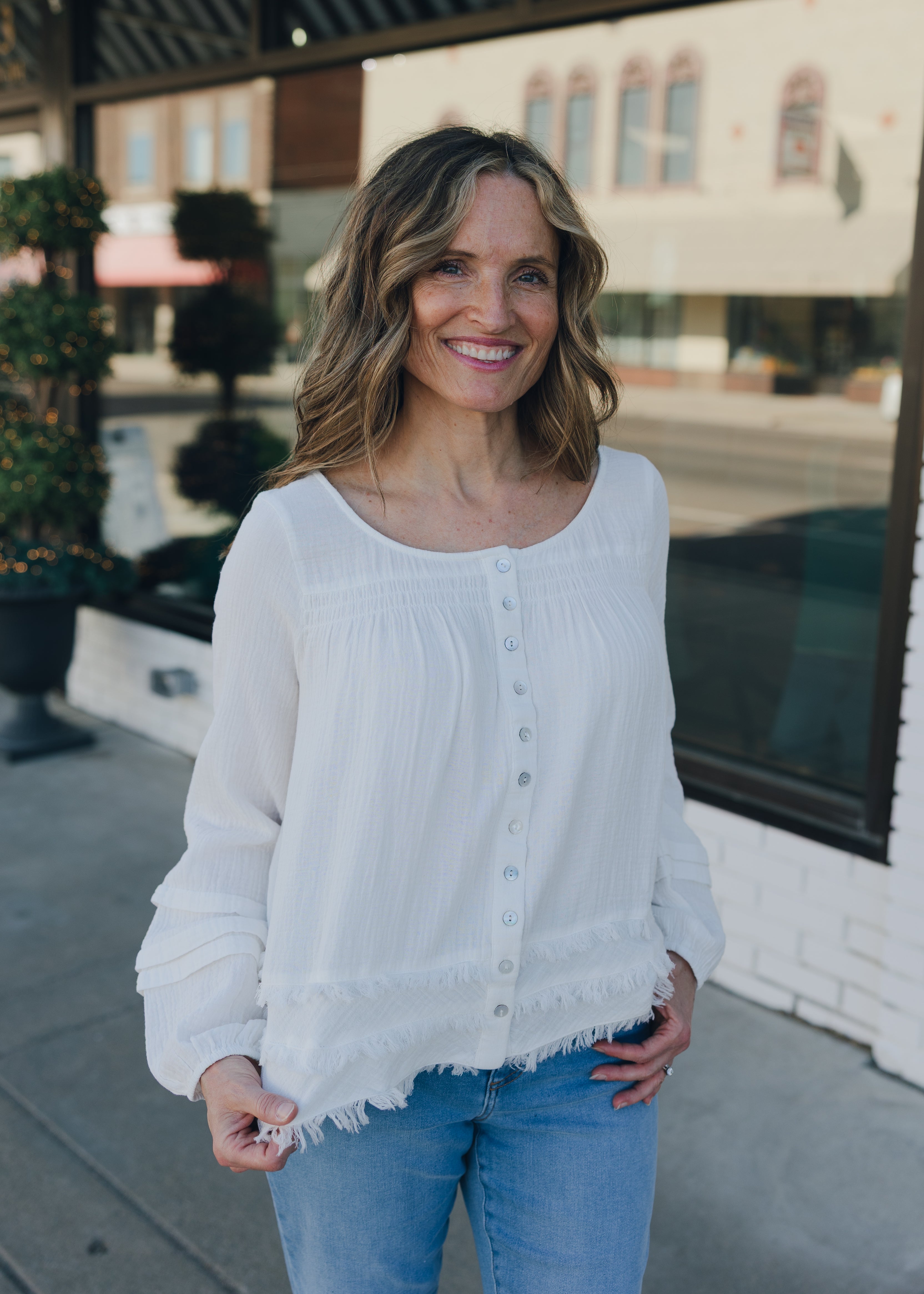 Tribal Button Front Blouse W/ Raw Edge