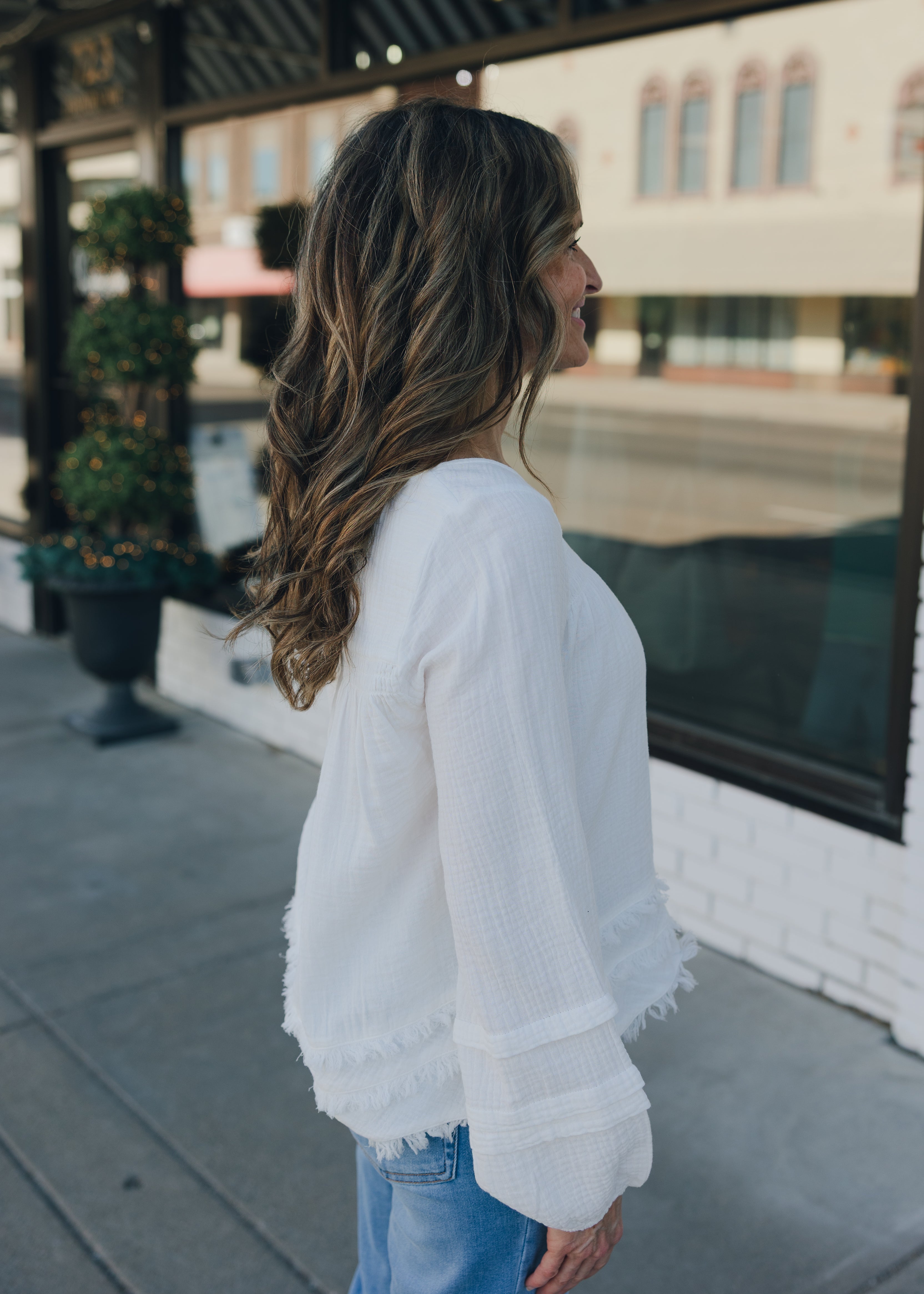 Tribal Button Front Blouse W/ Raw Edge