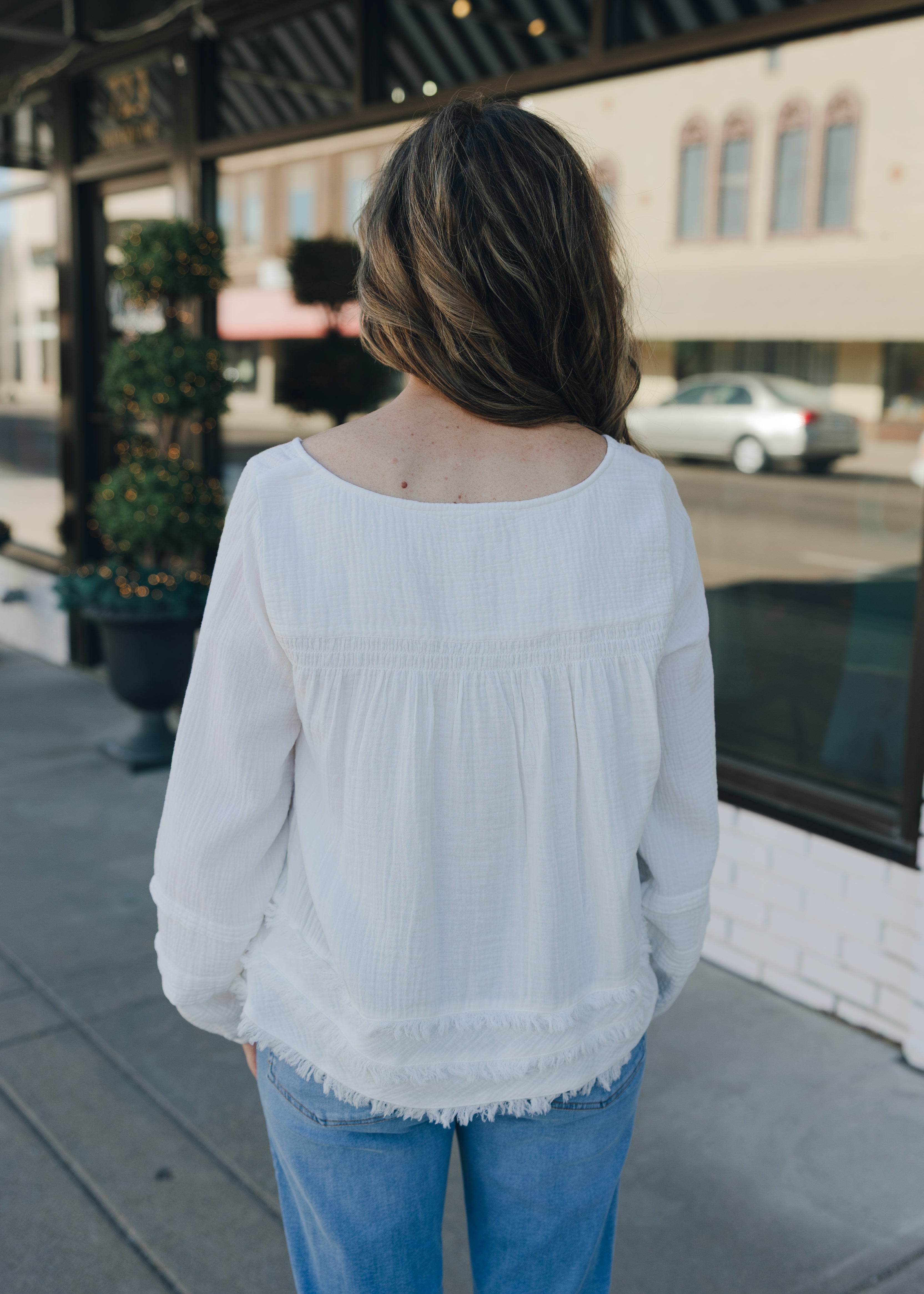 Tribal Button Front Blouse W/ Raw Edge