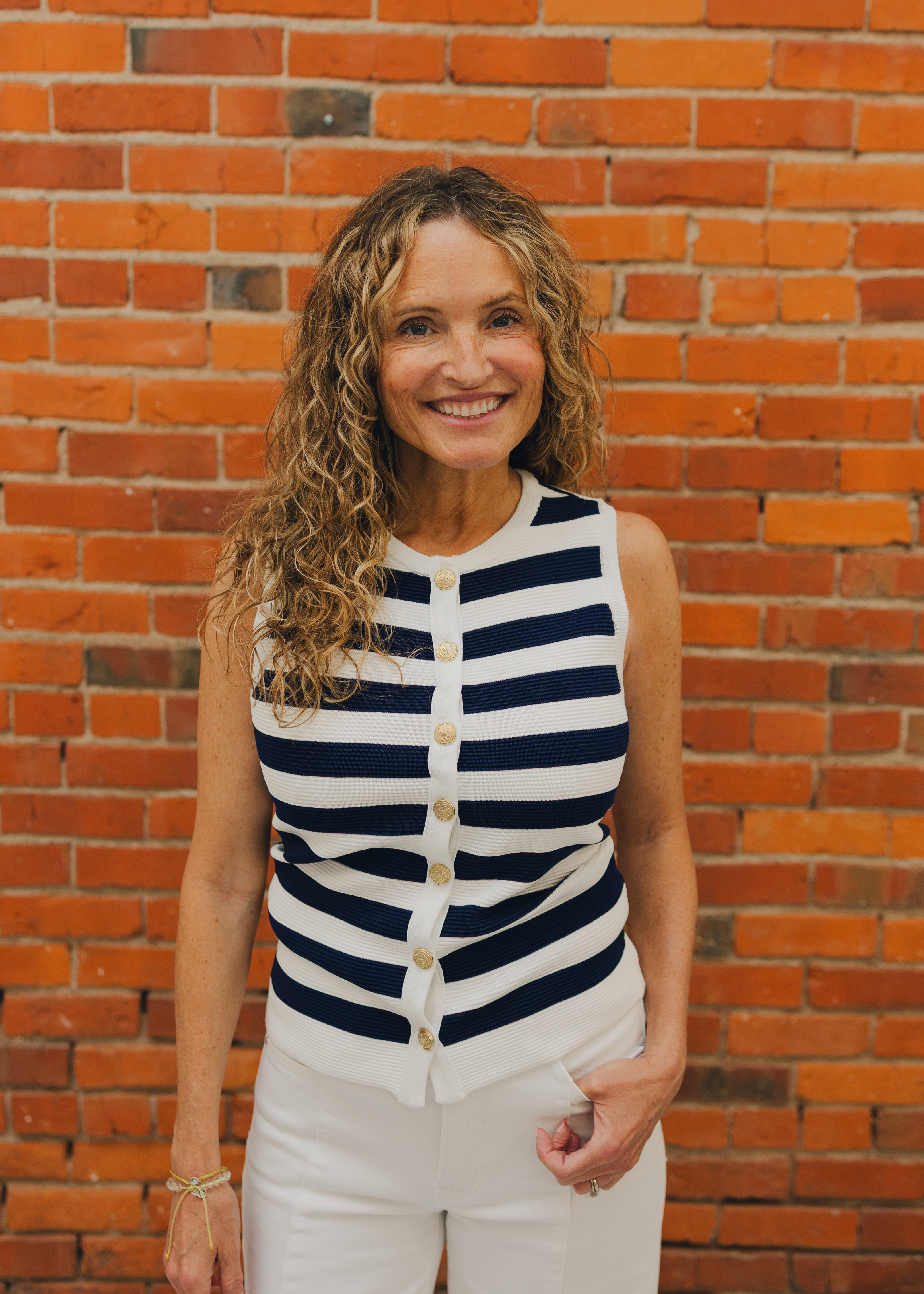 Button Front Striped Sleeveless Sweater
