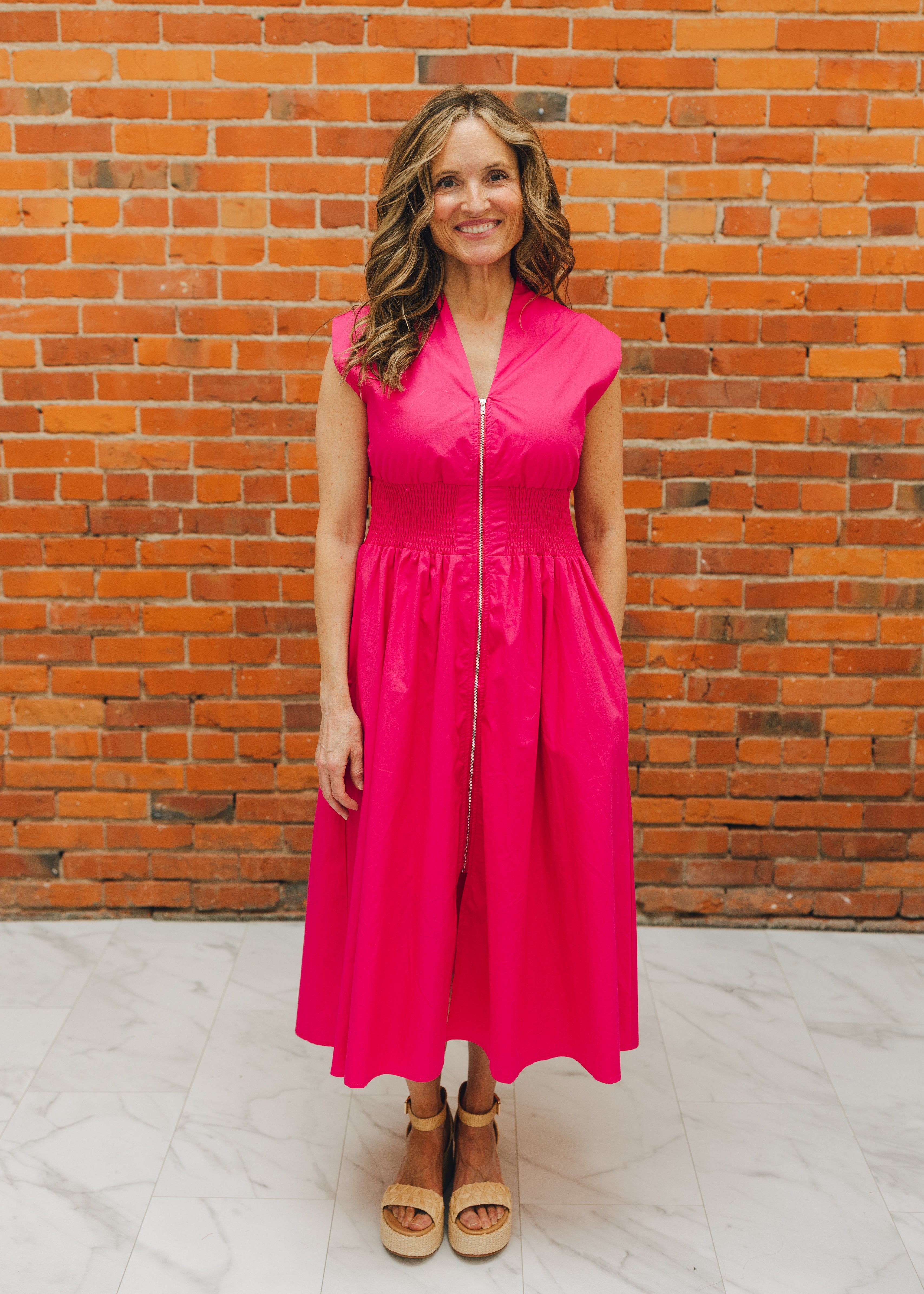 Smocked Waist Front Zip Midi Dress