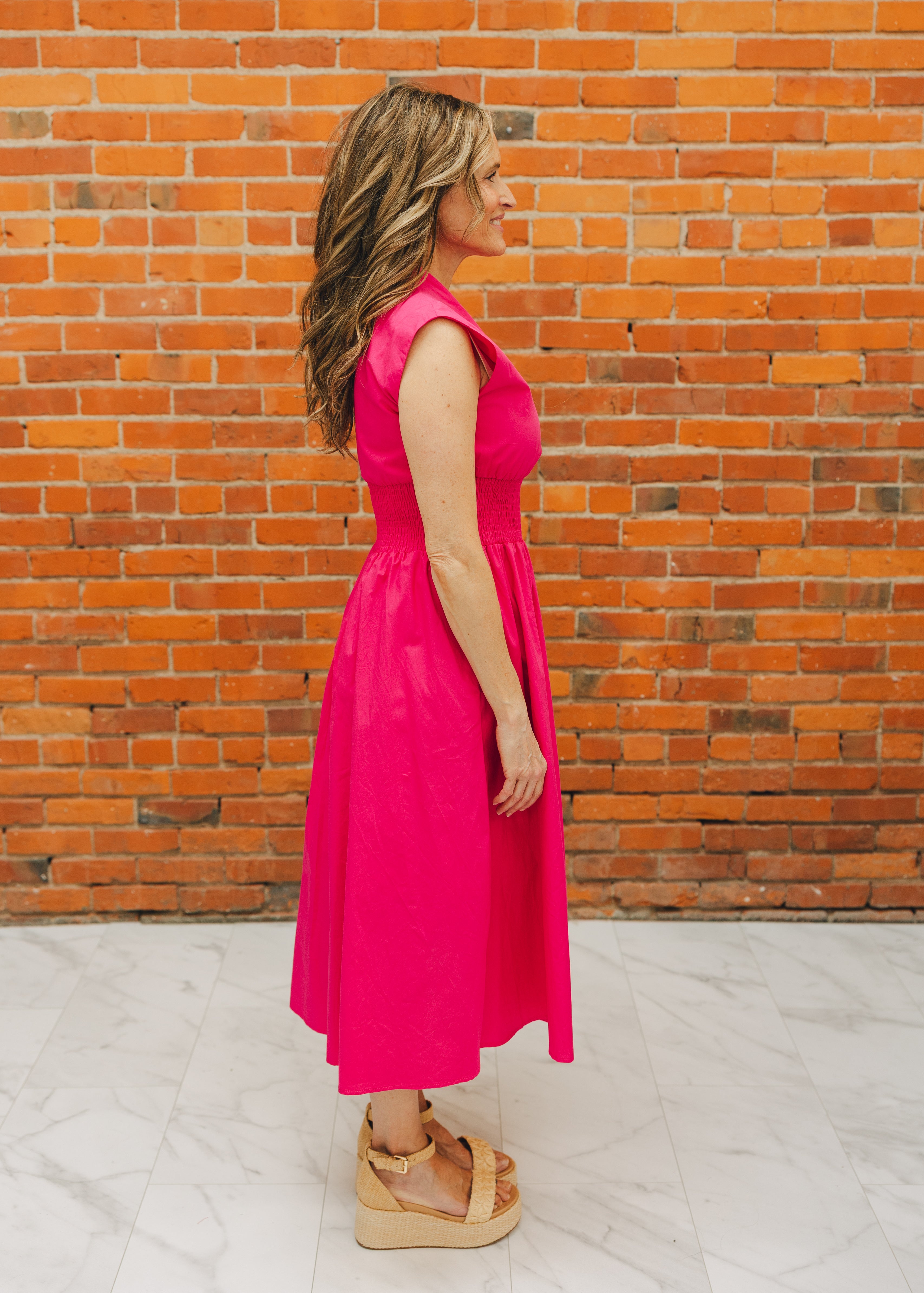 Smocked Waist Front Zip Midi Dress