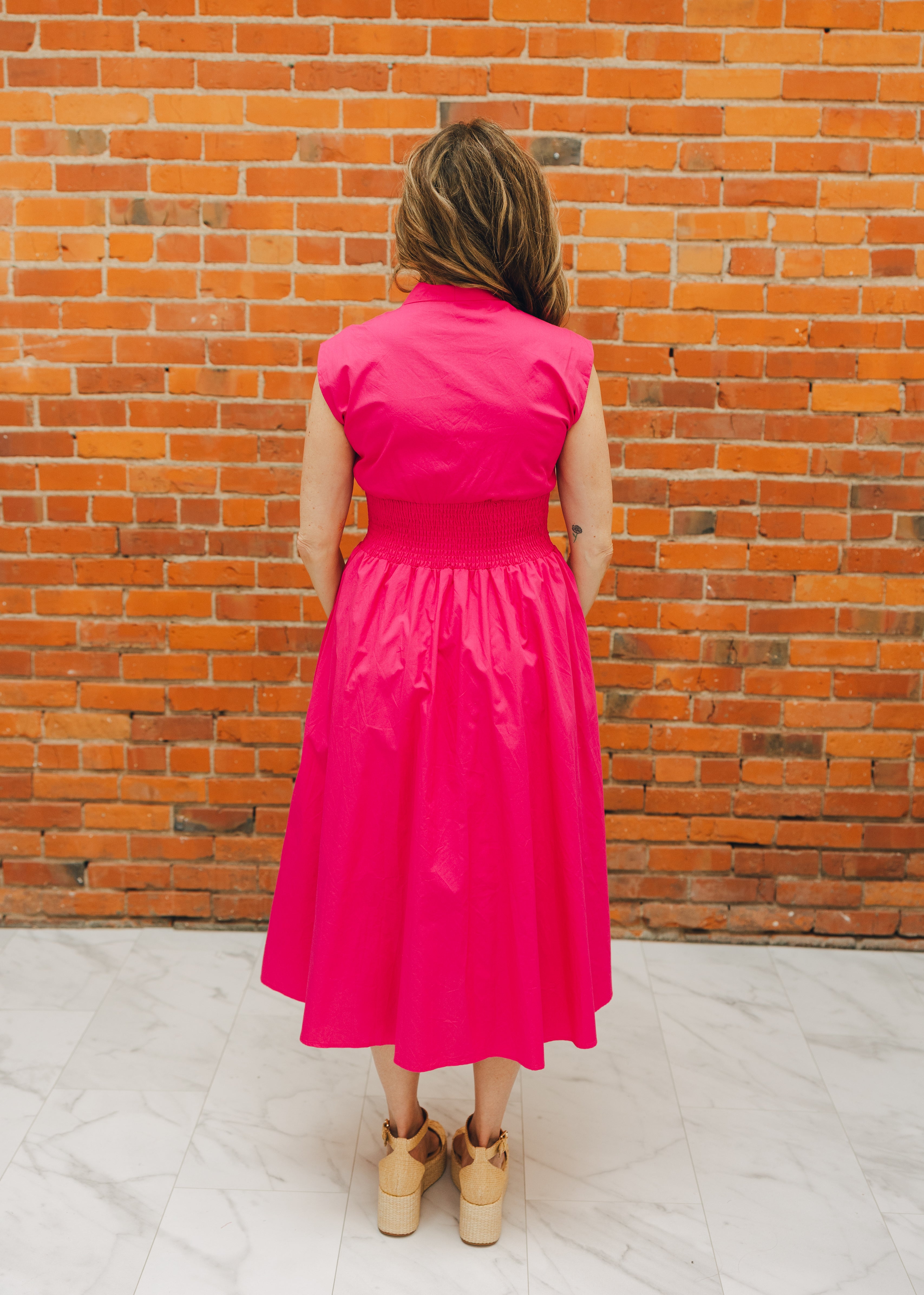 Smocked Waist Front Zip Midi Dress
