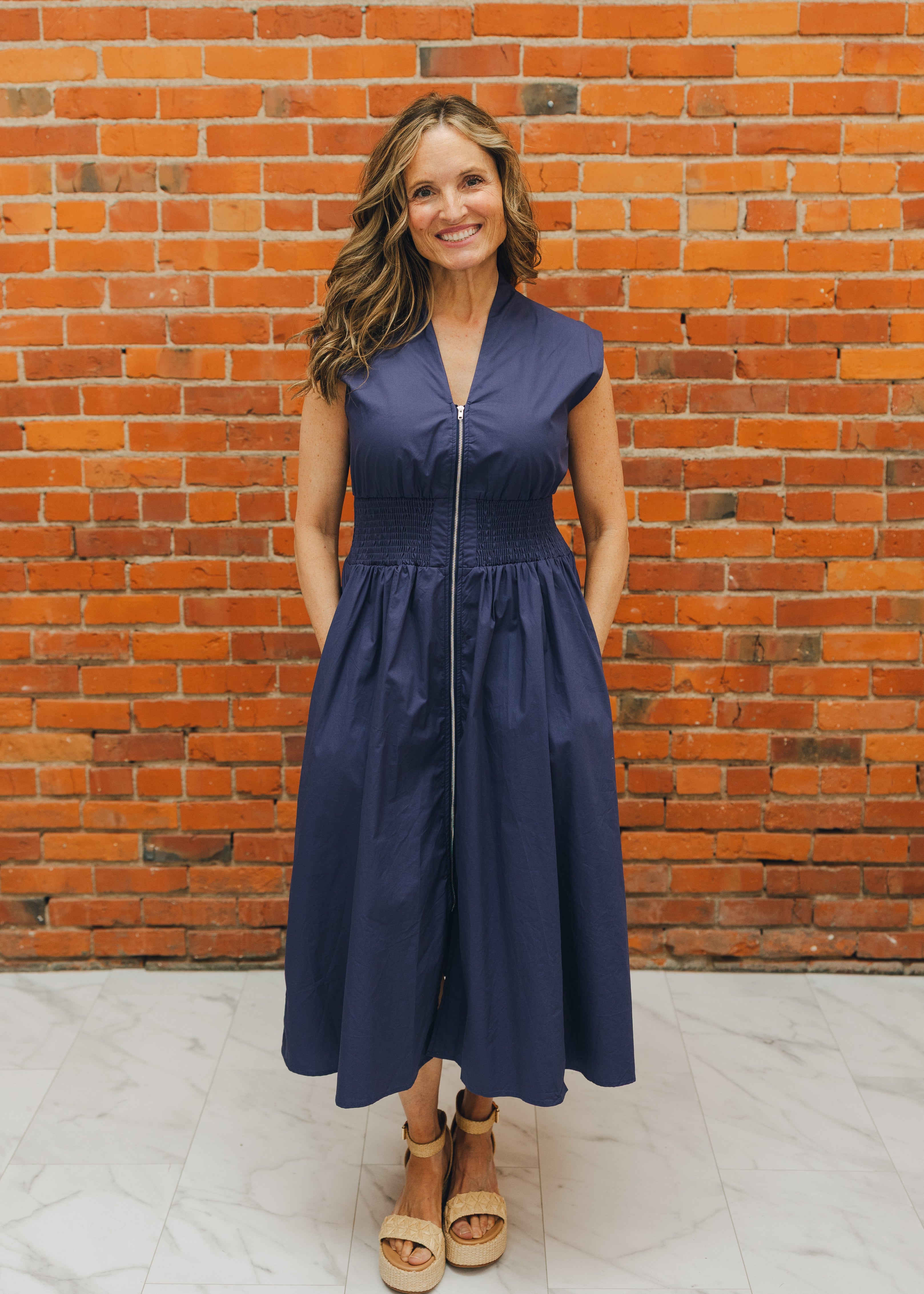 Smocked Waist Front Zip Midi Dress