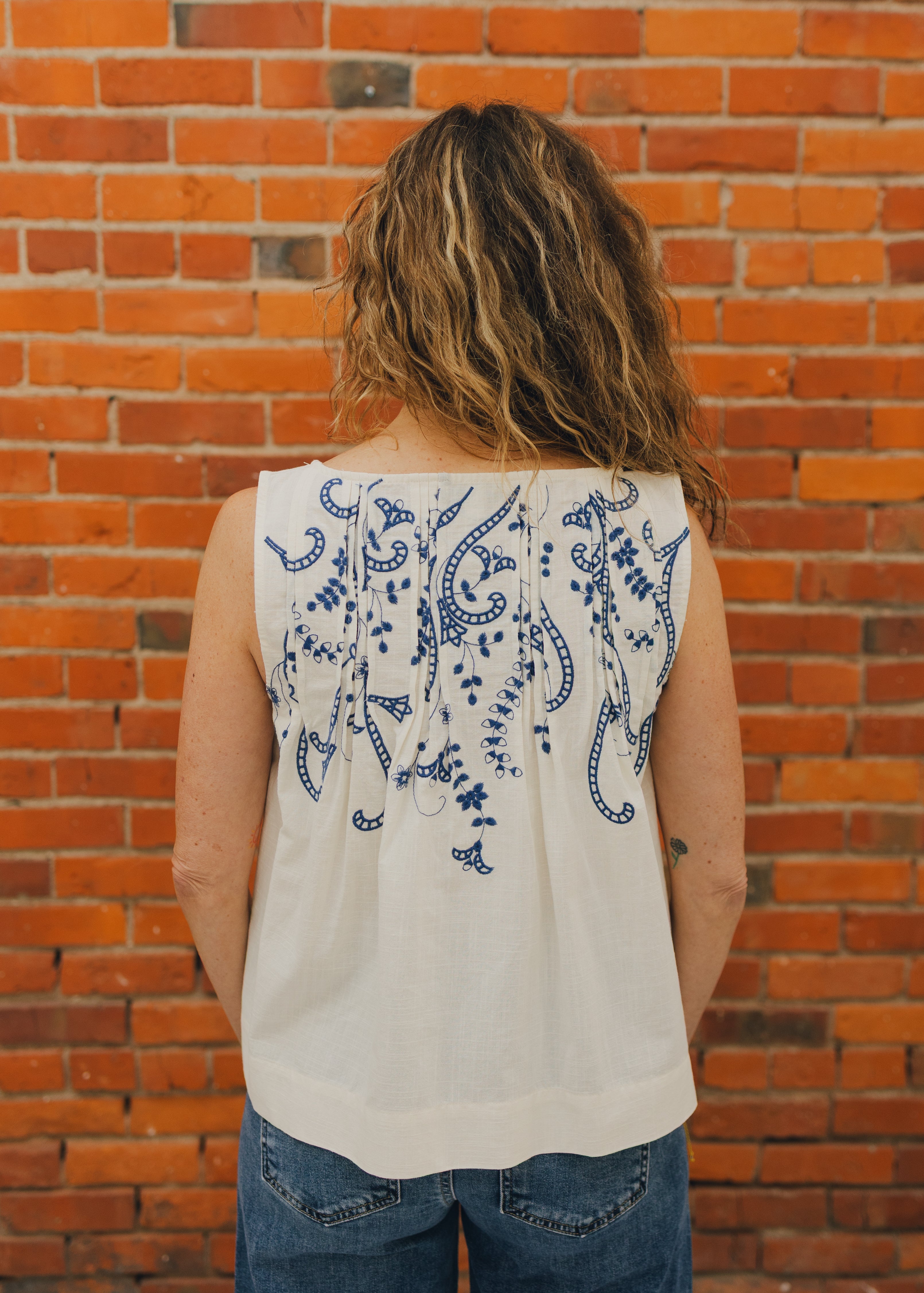 Sleeveless Boat Neck Top W/ Pintucks