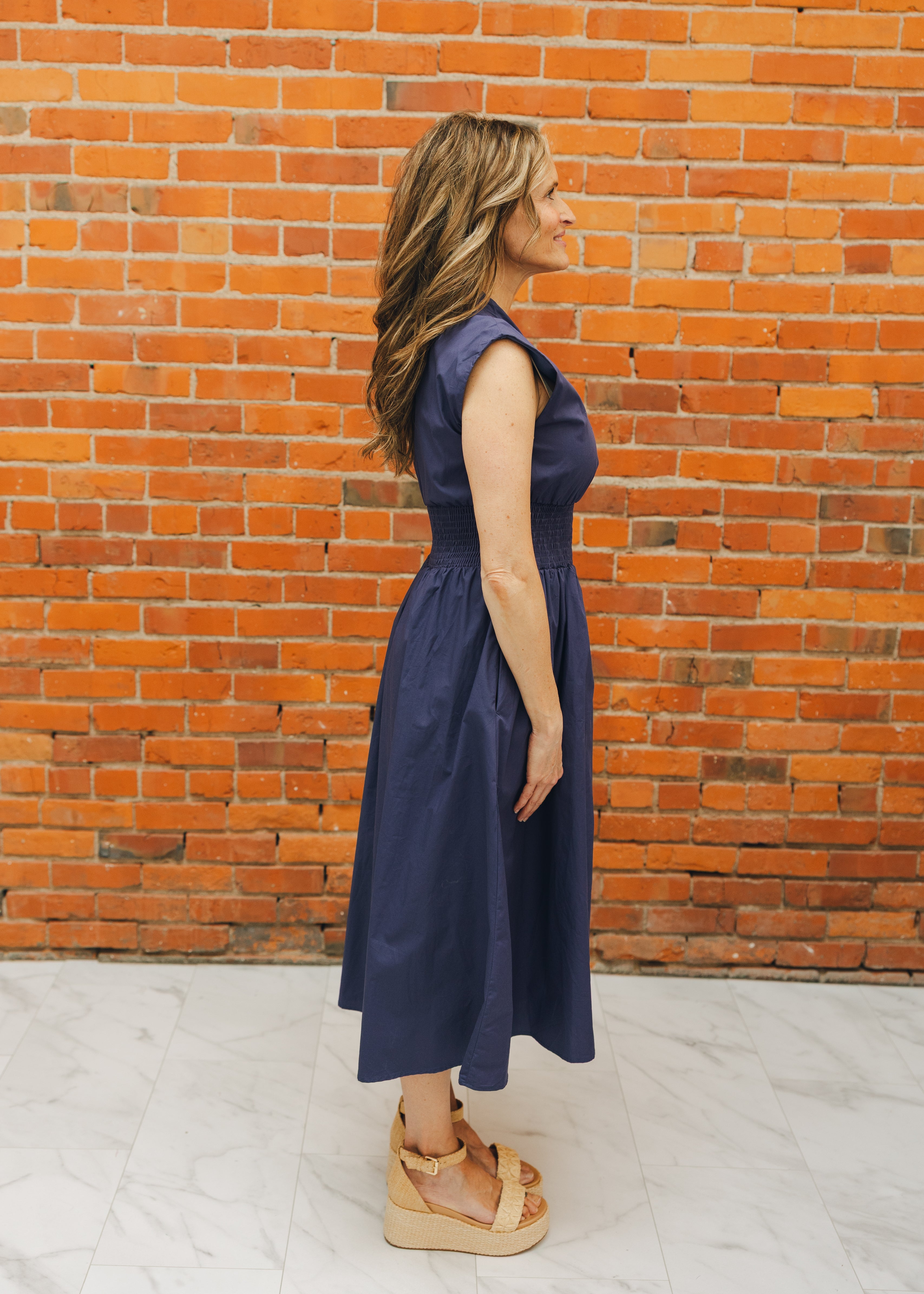 Smocked Waist Front Zip Midi Dress