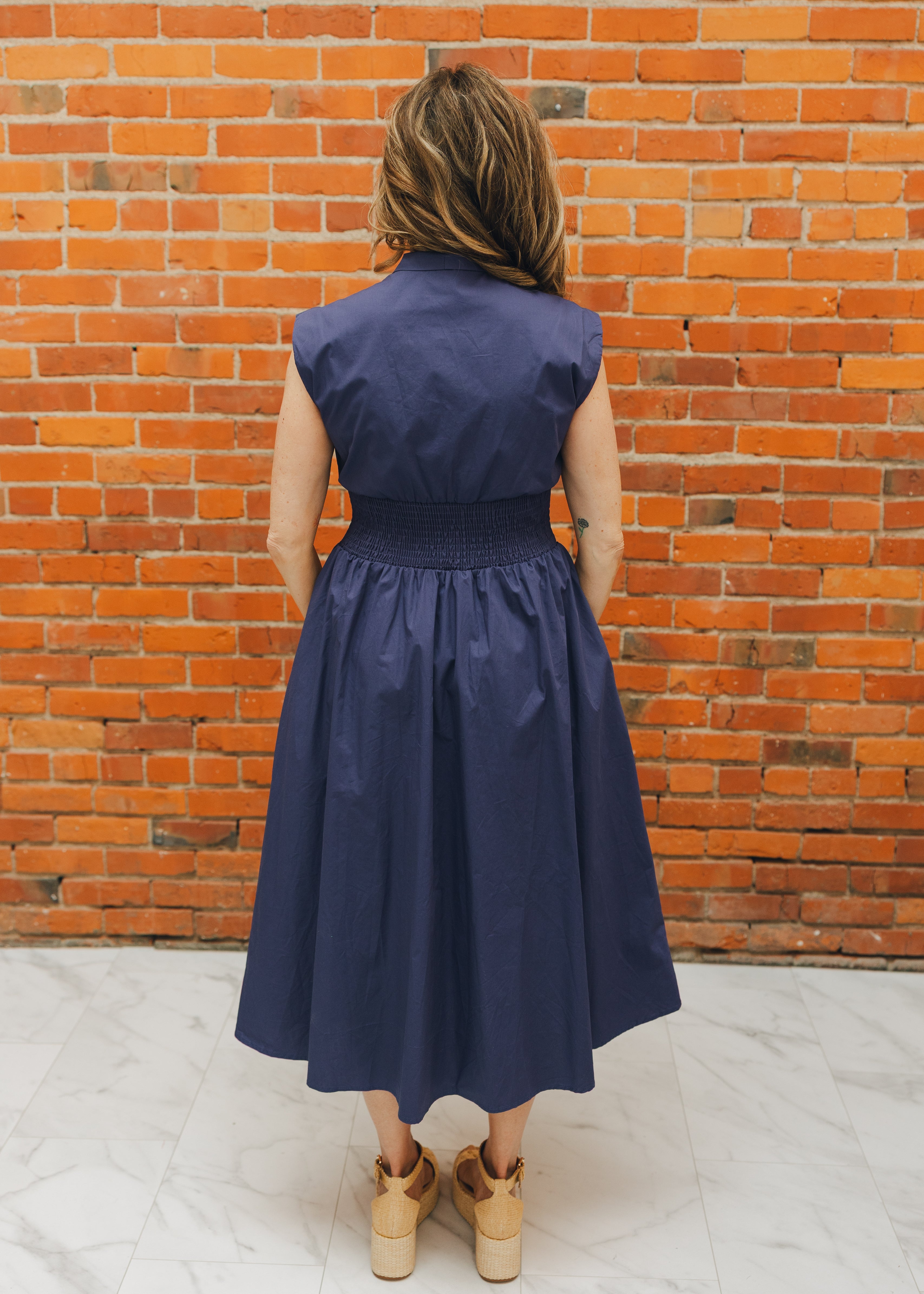 Smocked Waist Front Zip Midi Dress