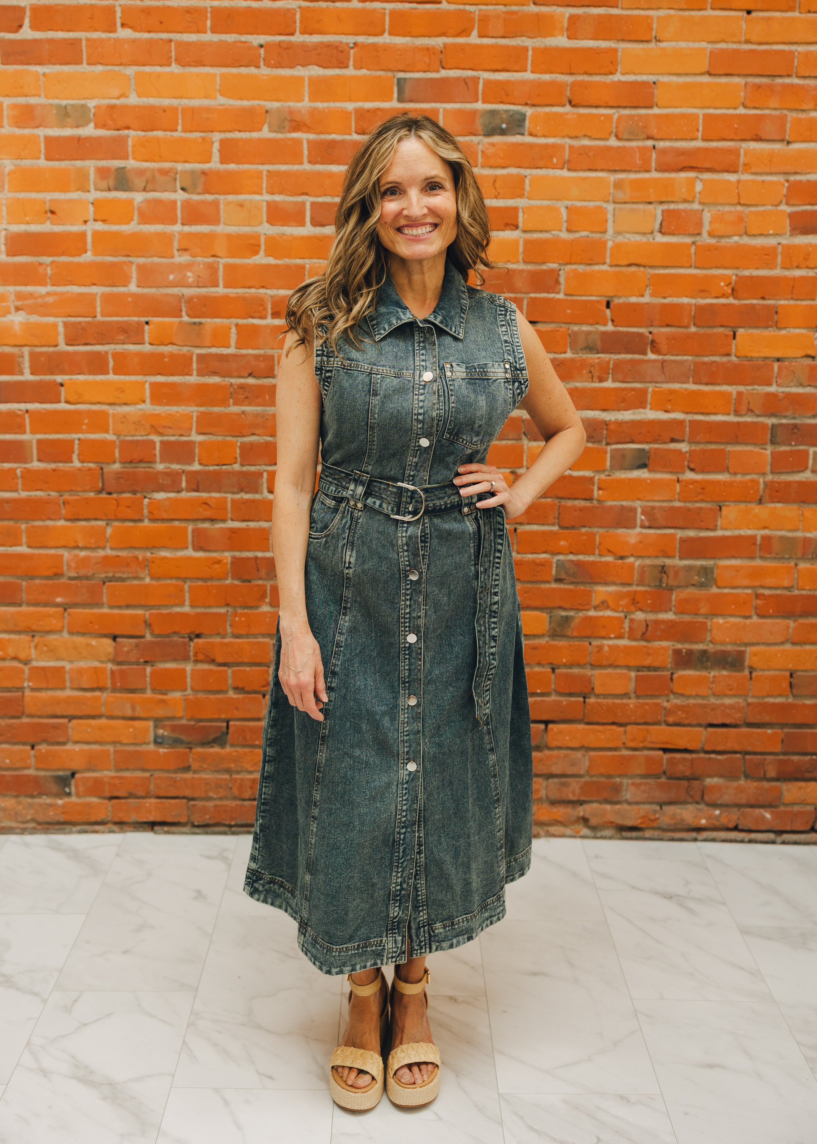 Elan Denim Sleeveless Button-Down Midi Dress