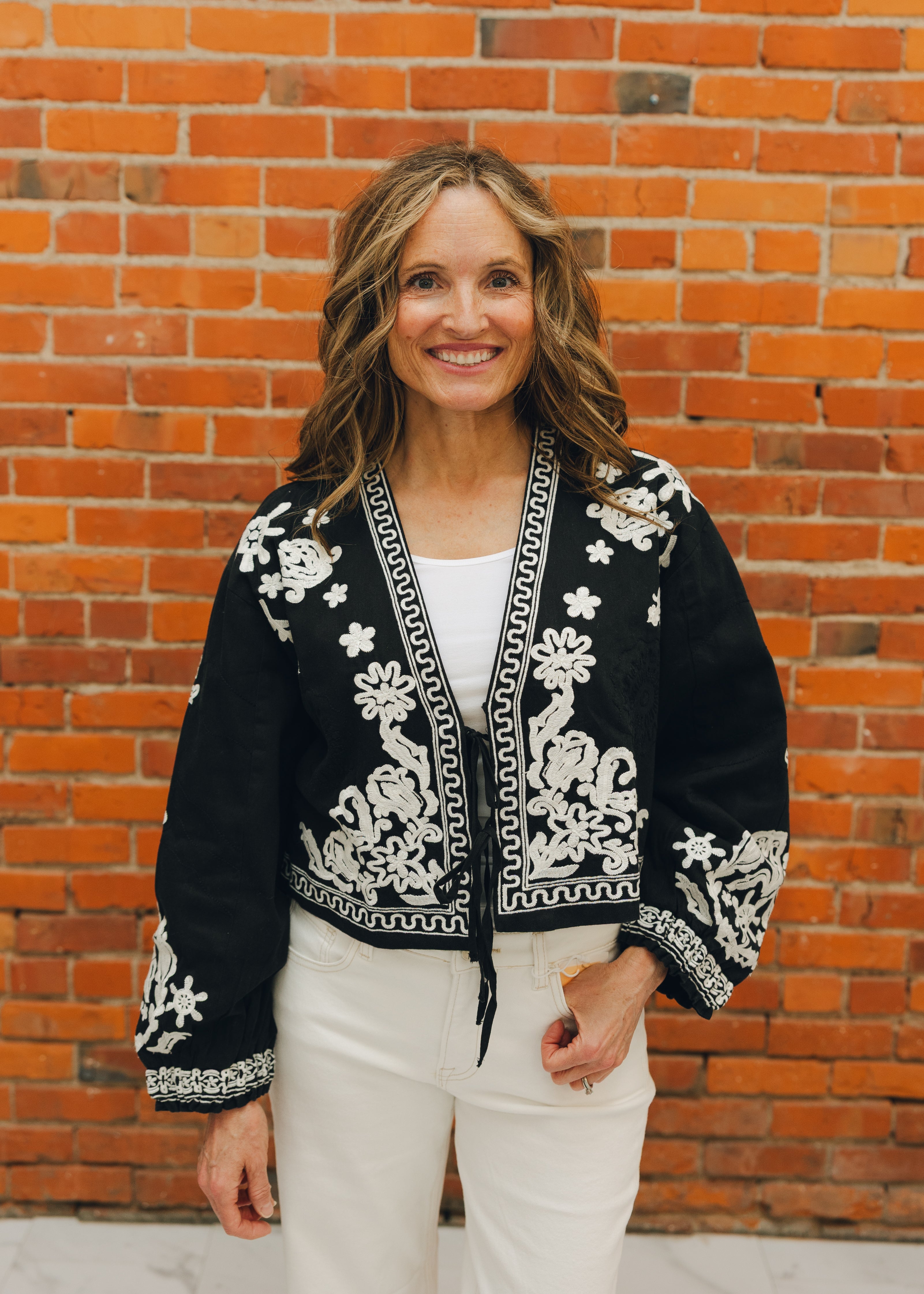 Elan Embroidered Tie Front Jacket