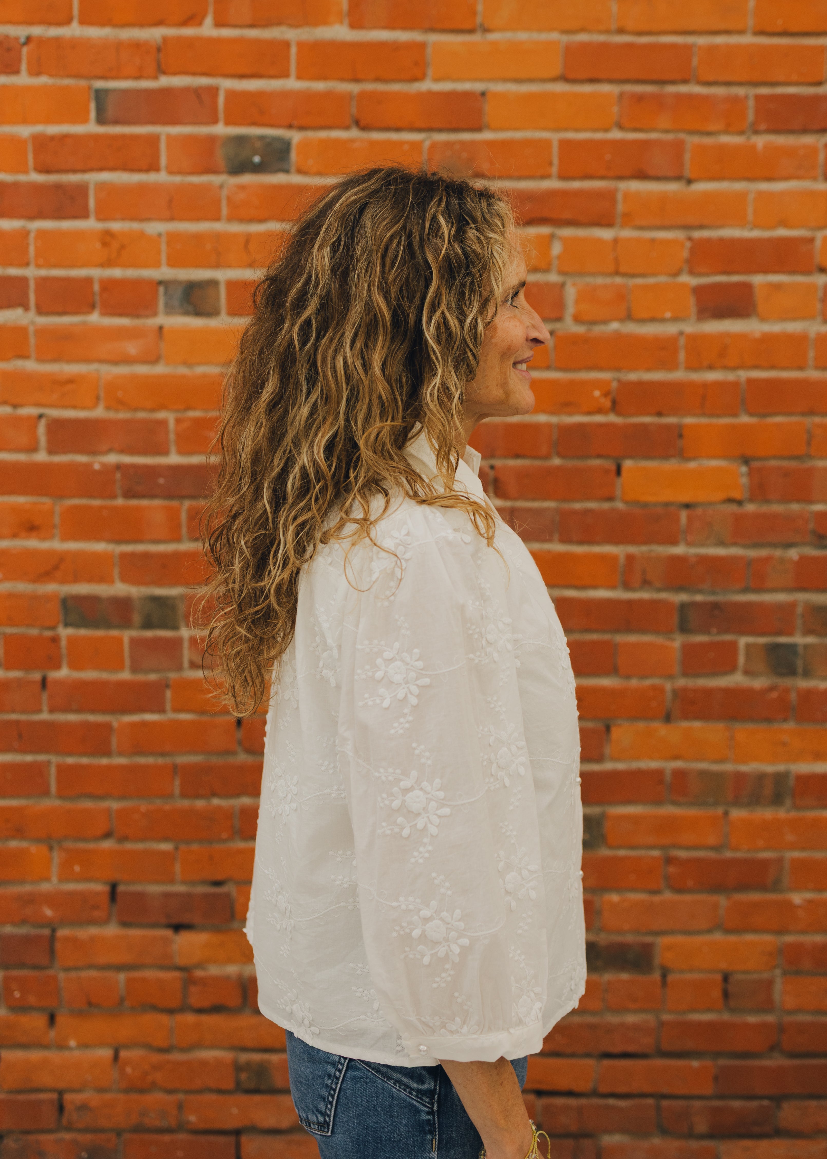 3/4 Sleeve Floral Embroidered Top W/ Pearl Buttons