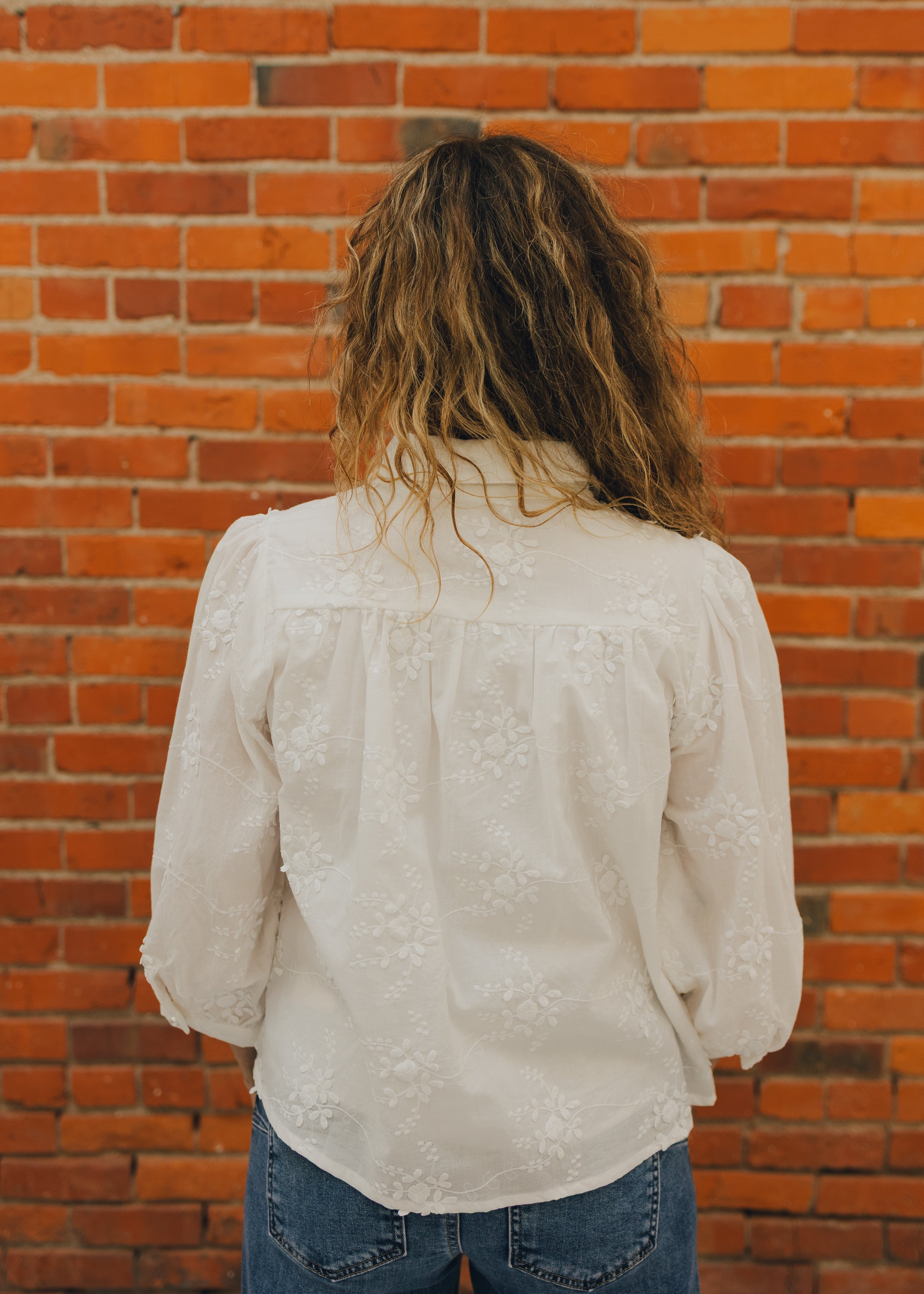 3/4 Sleeve Floral Embroidered Top W/ Pearl Buttons