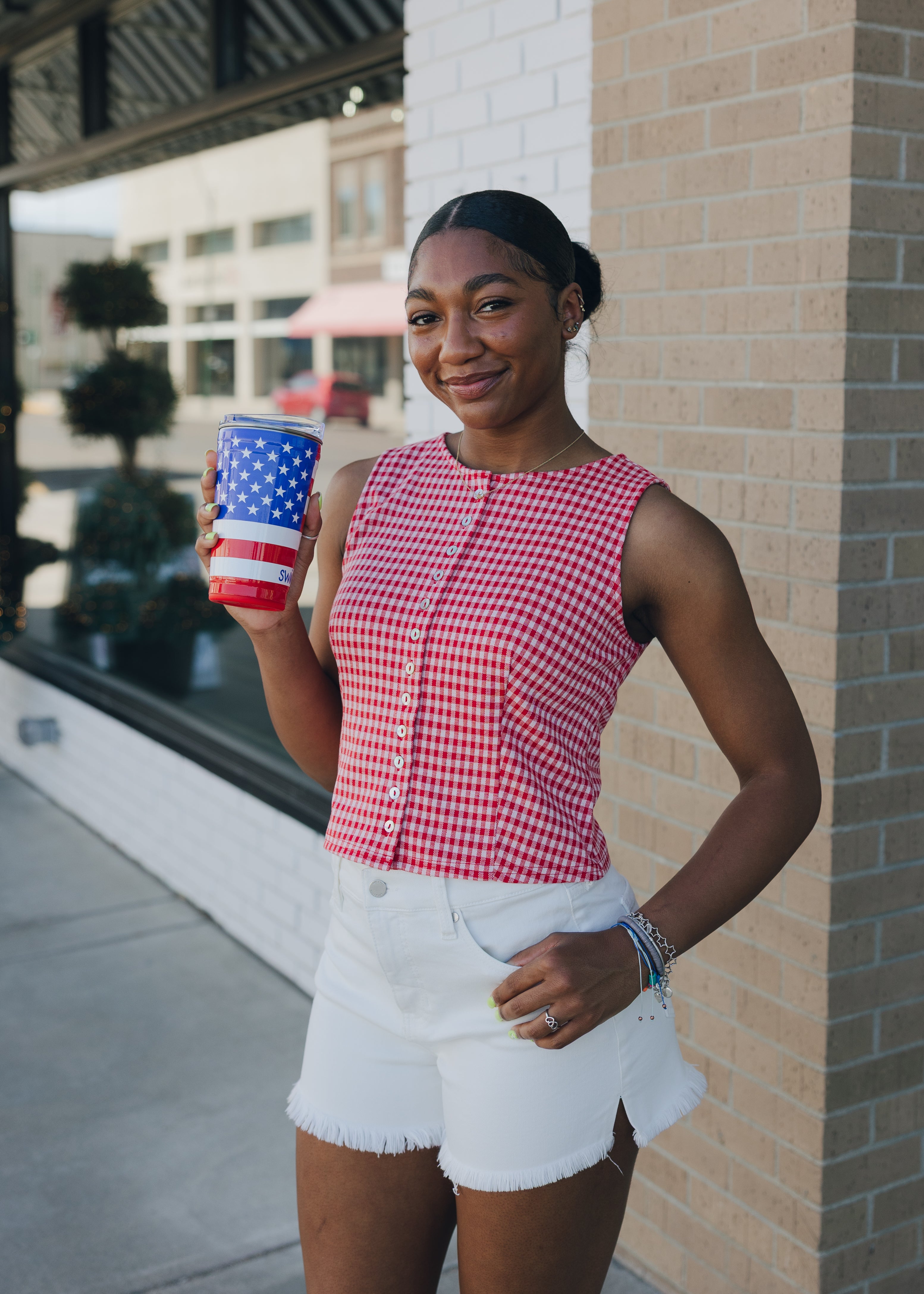 Button Down Gingham Sleeveless Top