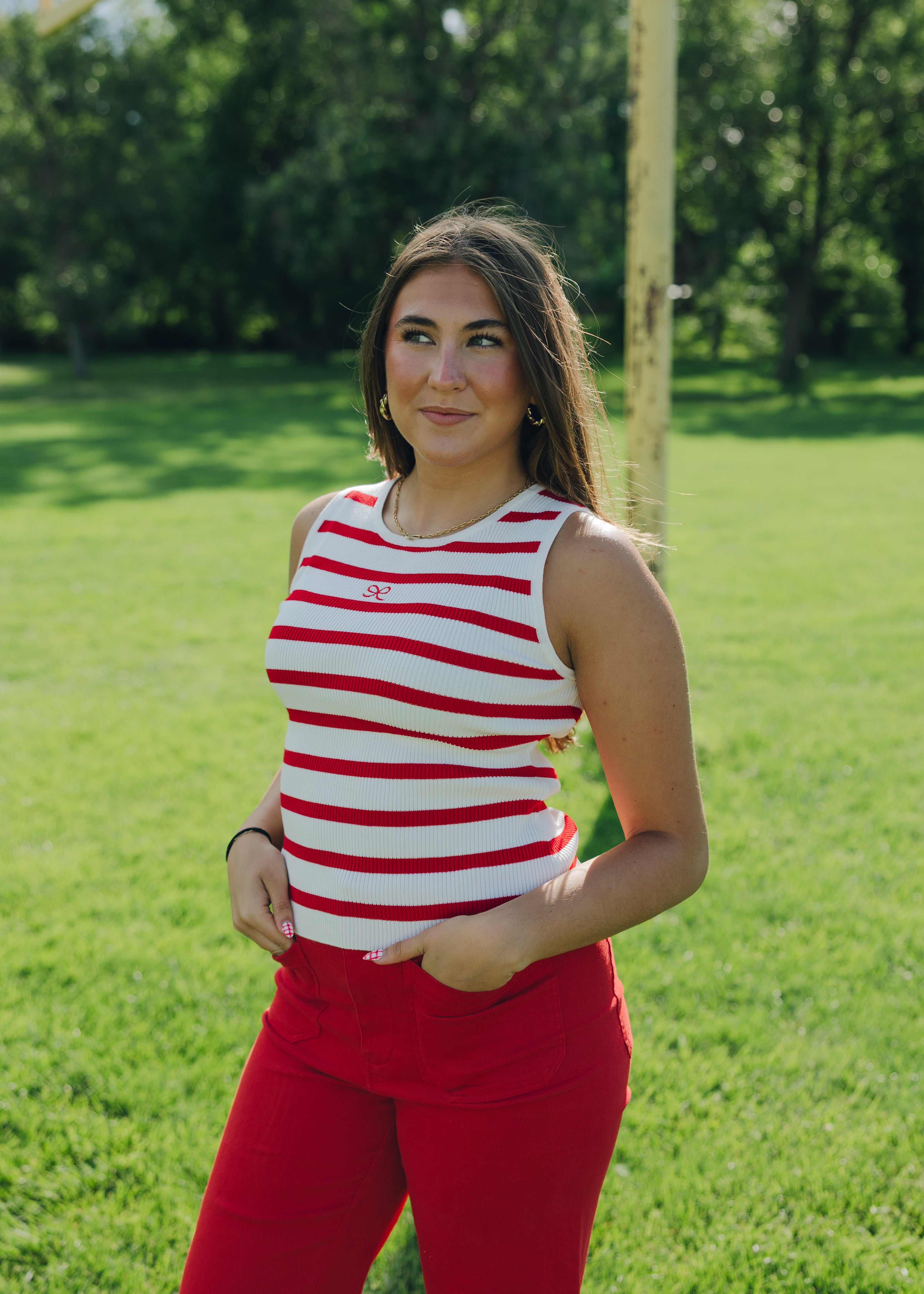 Striped Tank Top W/ Embroidered Bow